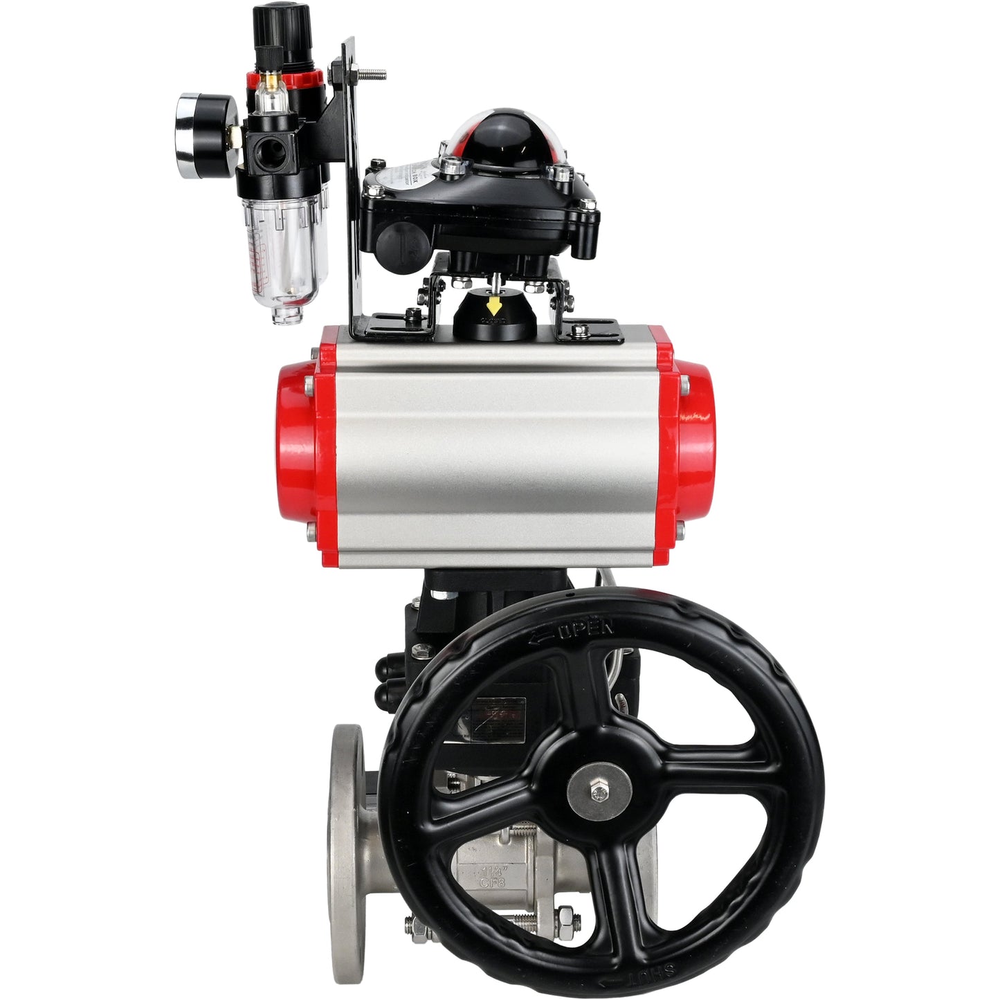 Ball valves DNOVA BV3131P(3pc)-FP-F-ISO-H DN15-40 16 bar, three-piece full bore flanged, stainless steel SS304, PTFE, with pneumatic drive PA-DA, with pneumatic distributor 4V320-08 220V, with LSU APL-210N, manual Doubler MON1-250-T26-ISO, with ATU AFC