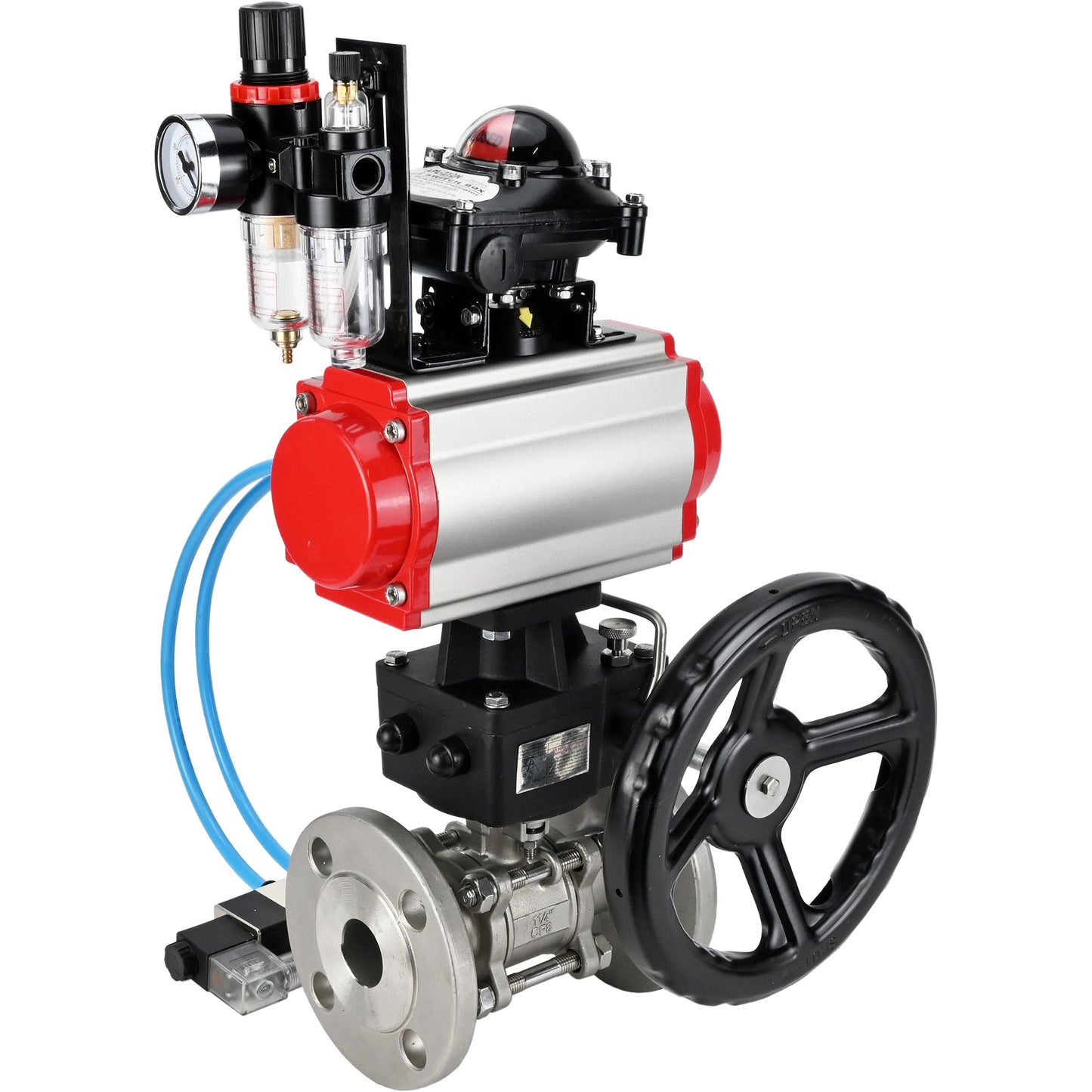 Ball valves DNOVA BV3131P(3pc)-FP-F-ISO-H DN15-40 16 bar, three-piece full bore flanged, stainless steel SS304, PTFE, with pneumatic drive PA-DA, with pneumatic distributor 4V320-08 220V, with LSU APL-210N, manual Doubler MON1-250-T26-ISO, with ATU AFC