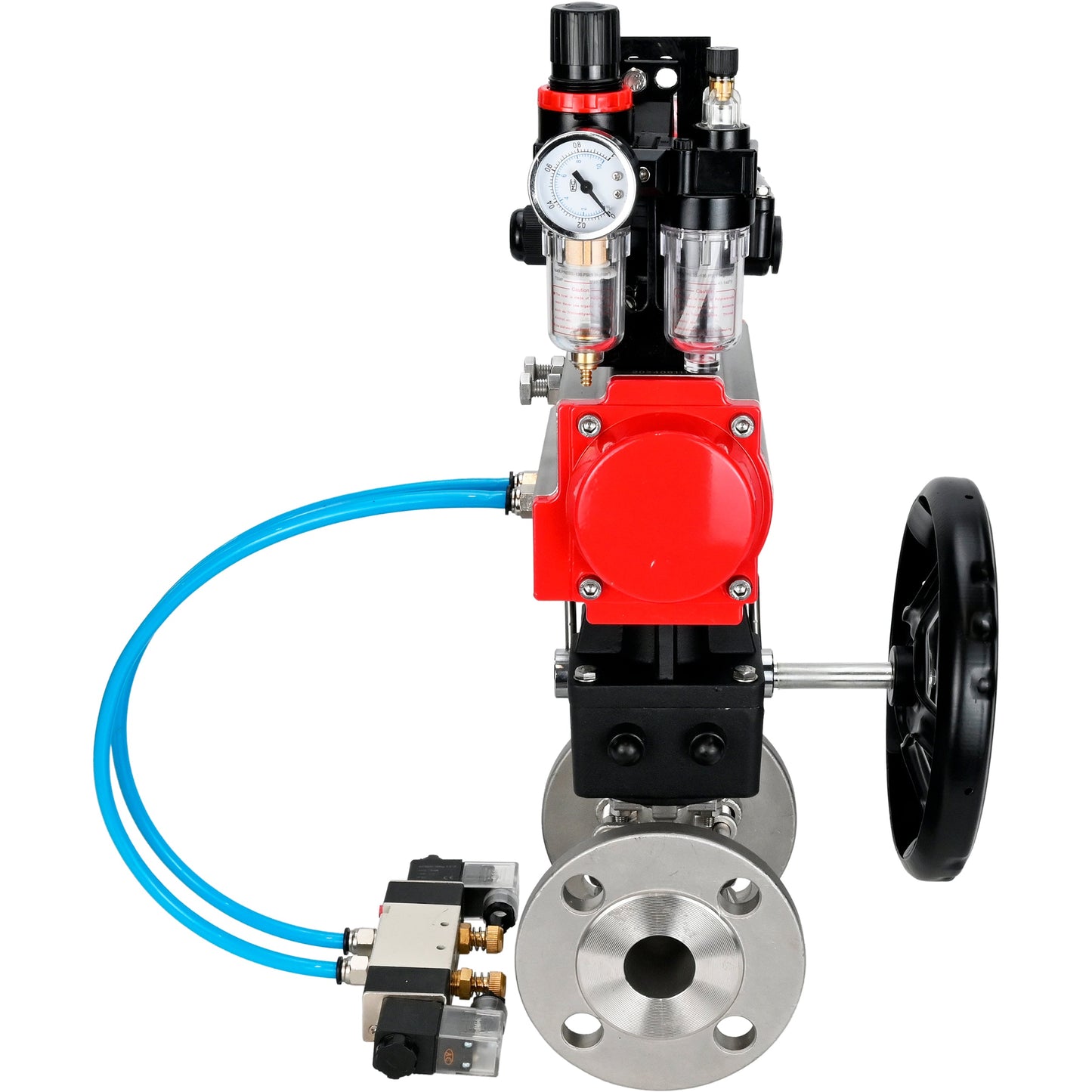 Ball valves DNOVA BV3131P(3pc)-FP-F-ISO-H DN15-40 16 bar, three-piece full bore flanged, stainless steel SS304, PTFE, with pneumatic drive PA-DA, with pneumatic distributor 4V320-08 220V, with LSU APL-210N, manual Doubler MON1-250-T26-ISO, with ATU AFC