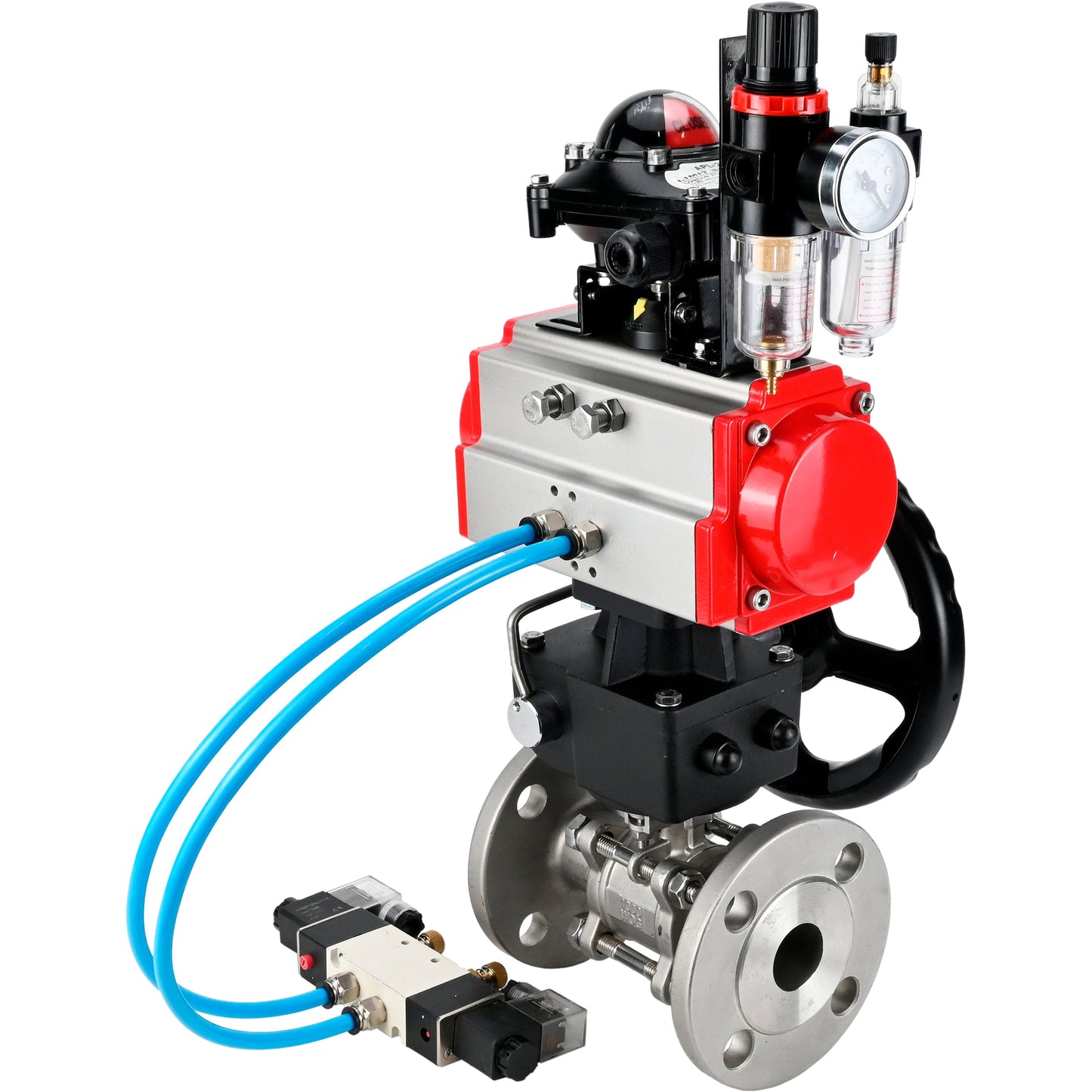 Ball valves DNOVA BV3131P(3pc)-FP-F-ISO-H DN15-40 16 bar, three-piece full bore flanged, stainless steel SS304, PTFE, with pneumatic drive PA-DA, with pneumatic distributor 4V320-08 220V, with LSU APL-210N, manual Doubler MON1-250-T26-ISO, with ATU AFC