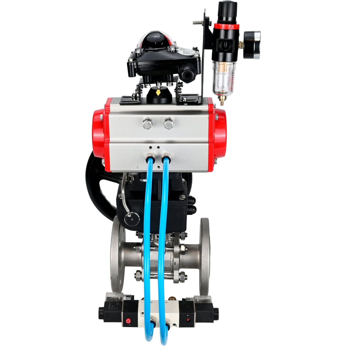 Ball valves DNOVA BV3131P(3pc)-FP-F-ISO-H DN15-40 16 bar, three-piece full bore flanged, stainless steel SS304, PTFE, with pneumatic drive PA-DA, with pneumatic distributor 4V320-08 220V, with LSU APL-210N, manual Doubler MON1-250-T26-ISO, with ATU AFC