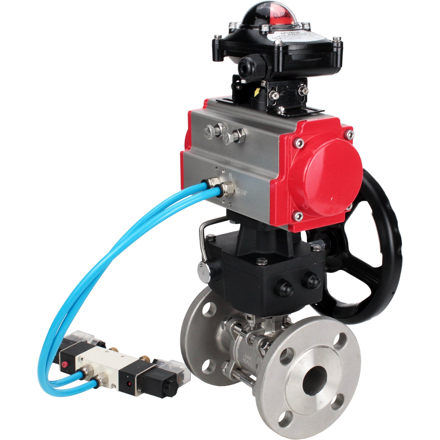 Ball valves DNOVA BV3131P(3pc)-FP-F-ISO-H DN15-40 16 bar, three-piece full bore flanged, stainless steel SS304, PTFE, with double-acting PA-DA pneumatic actuator, with pneumatic distributor 4V320-08 220V, with LSU APL- 210N, manual Doubler MON1-250-T26