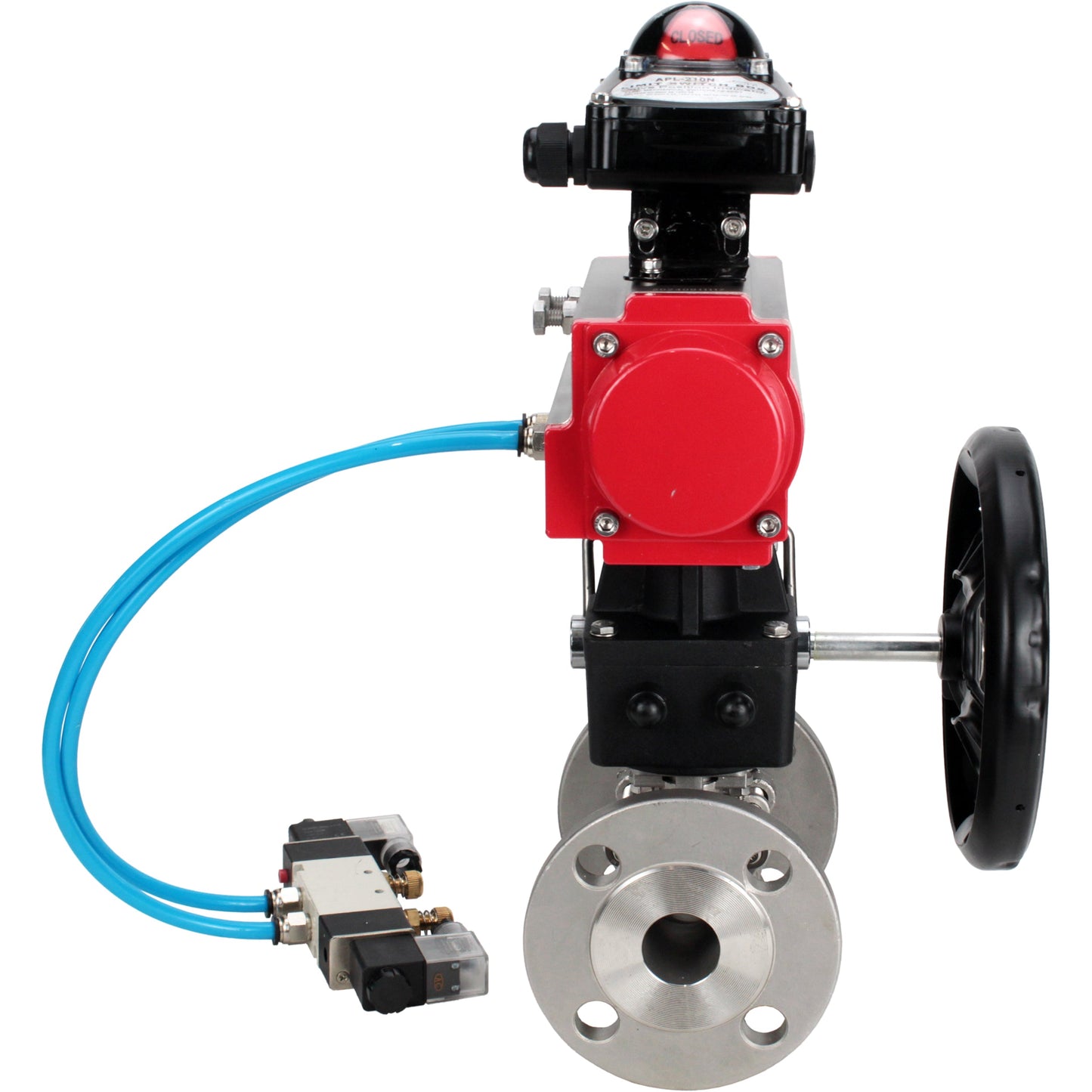 Ball valves DNOVA BV3131P(3pc)-FP-F-ISO-H DN15-40 16 bar, three-piece full bore flanged, stainless steel SS304, PTFE, with double-acting PA-DA pneumatic actuator, with pneumatic distributor 4V320-08 220V, with LSU APL- 210N, manual Doubler MON1-250-T26