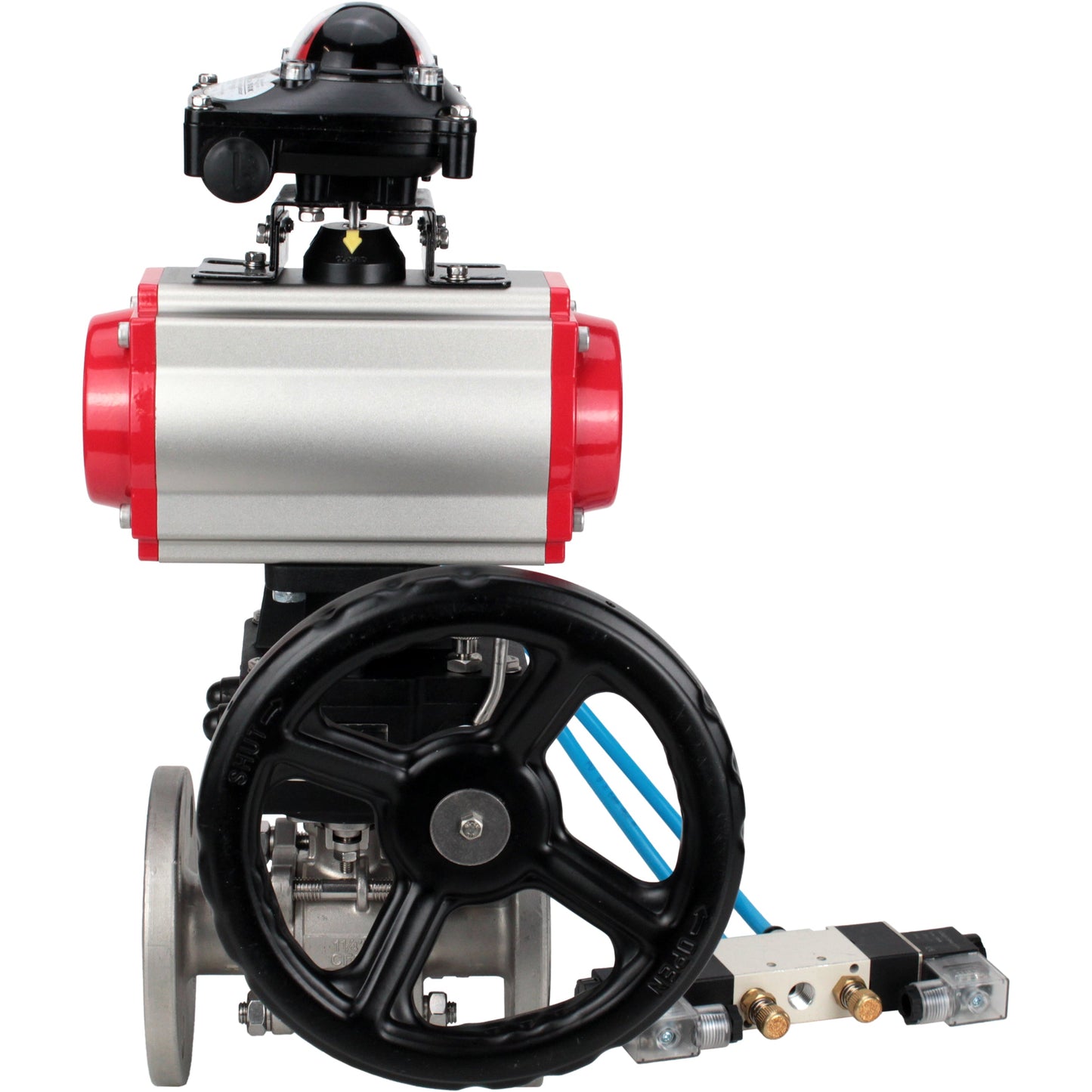 Ball valves DNOVA BV3131P(3pc)-FP-F-ISO-H DN15-40 16 bar, three-piece full bore flanged, stainless steel SS304, PTFE, with double-acting PA-DA pneumatic actuator, with pneumatic distributor 4V320-08 220V, with LSU APL- 210N, manual Doubler MON1-250-T26
