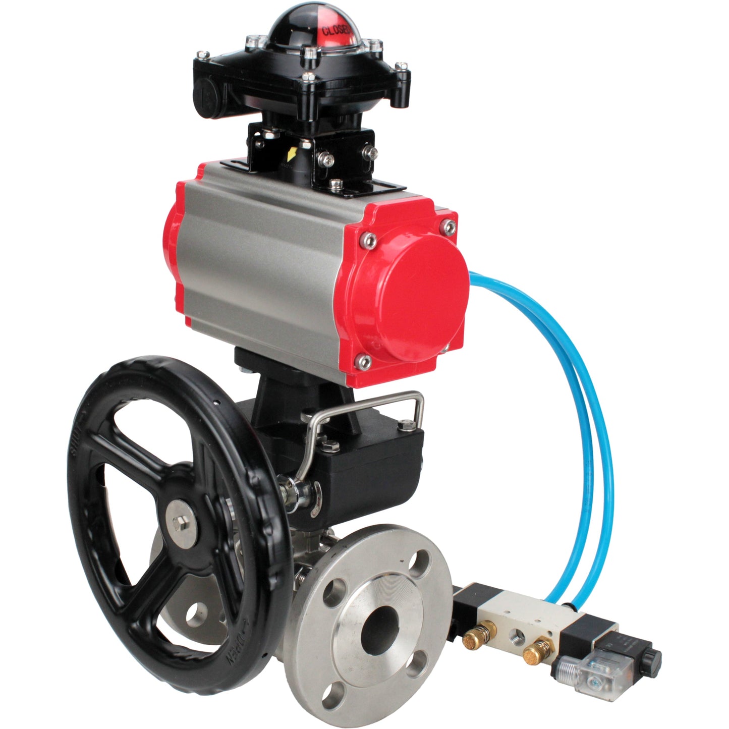 Ball valves DNOVA BV3131P(3pc)-FP-F-ISO-H DN15-40 16 bar, three-piece full bore flanged, stainless steel SS304, PTFE, with double-acting PA-DA pneumatic actuator, with pneumatic distributor 4V320-08 220V, with LSU APL- 210N, manual Doubler MON1-250-T26