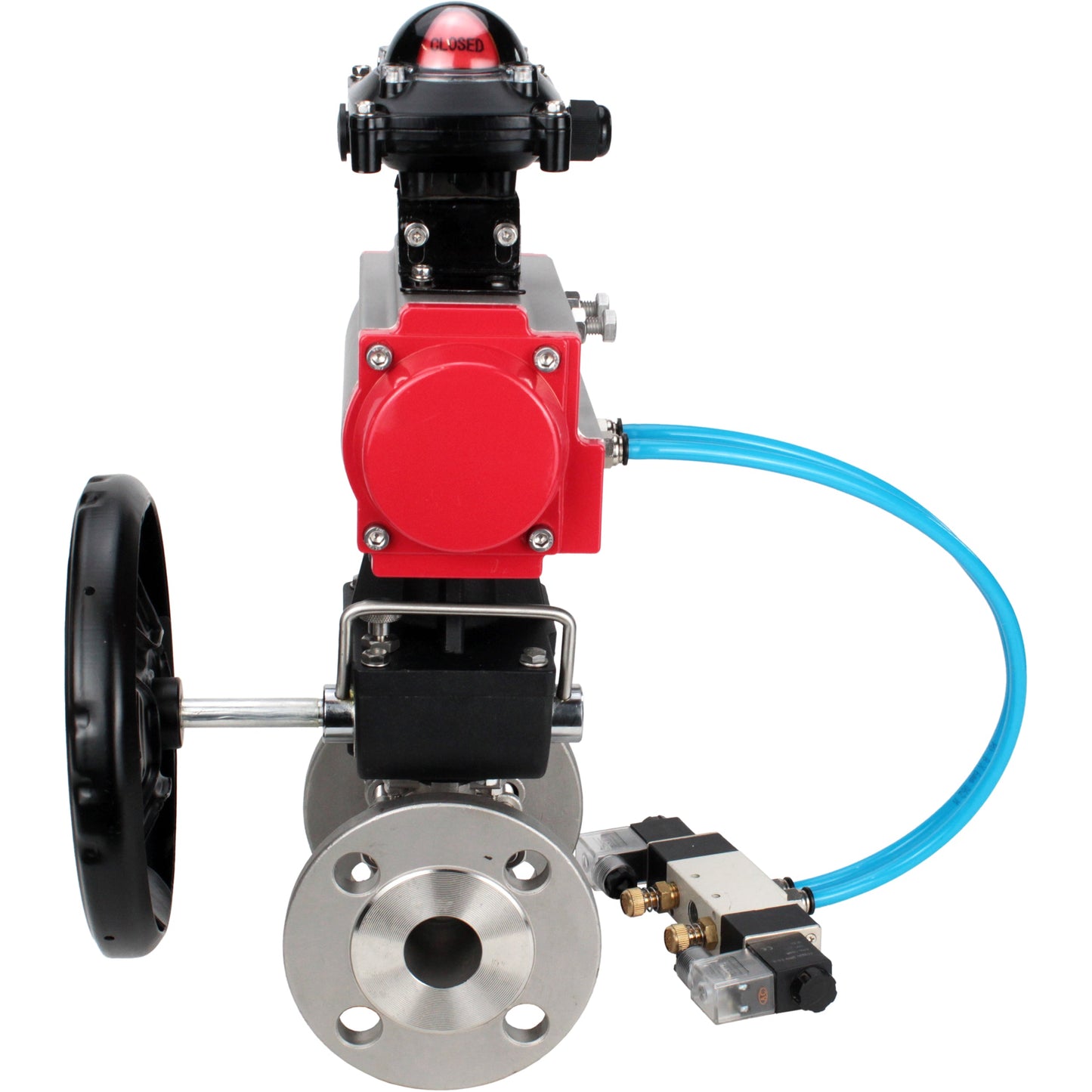Ball valves DNOVA BV3131P(3pc)-FP-F-ISO-H DN15-40 16 bar, three-piece full bore flanged, stainless steel SS304, PTFE, with double-acting PA-DA pneumatic actuator, with pneumatic distributor 4V320-08 220V, with LSU APL- 210N, manual Doubler MON1-250-T26