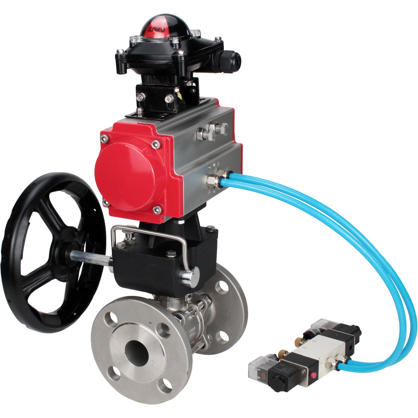 Ball valves DNOVA BV3131P(3pc)-FP-F-ISO-H DN15-40 16 bar, three-piece full bore flanged, stainless steel SS304, PTFE, with double-acting PA-DA pneumatic actuator, with pneumatic distributor 4V320-08 220V, with LSU APL- 210N, manual Doubler MON1-250-T26