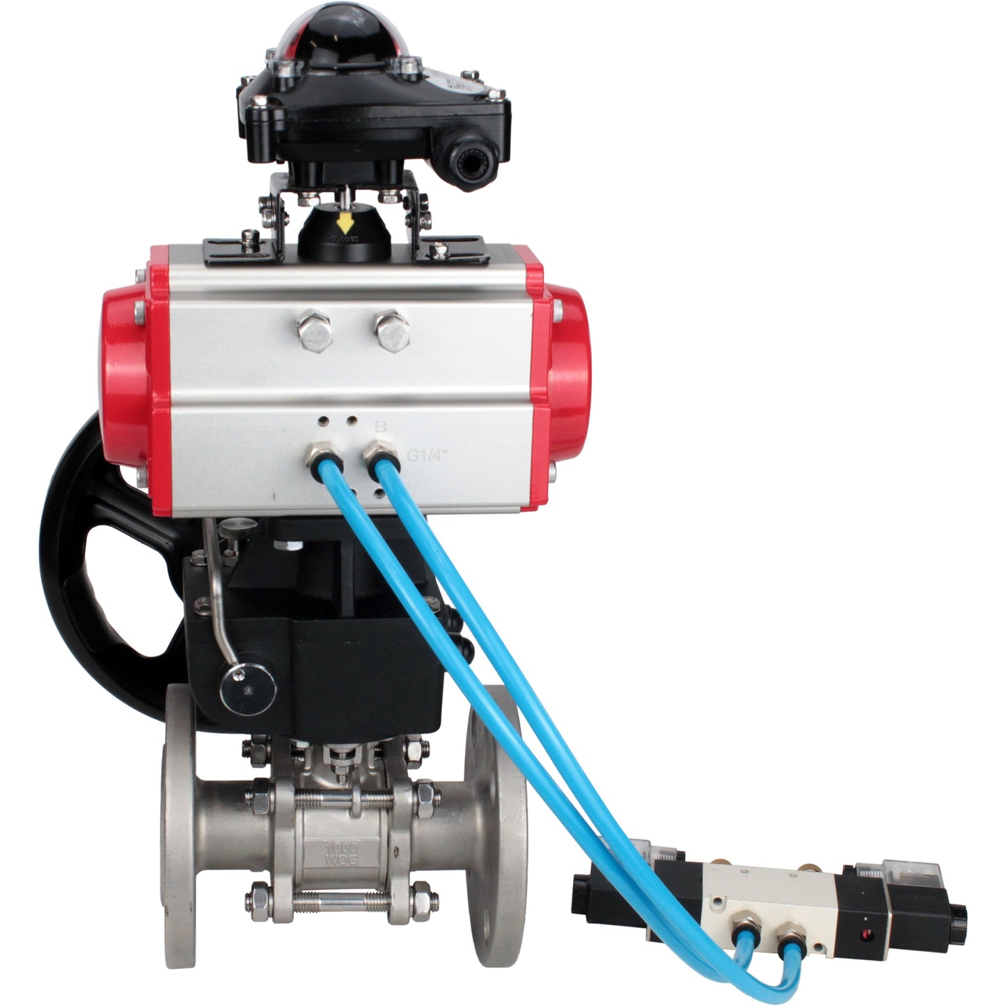 Ball valves DNOVA BV3131P(3pc)-FP-F-ISO-H DN15-40 16 bar, three-piece full bore flanged, stainless steel SS304, PTFE, with double-acting PA-DA pneumatic actuator, with pneumatic distributor 4V320-08 220V, with LSU APL- 210N, manual Doubler MON1-250-T26