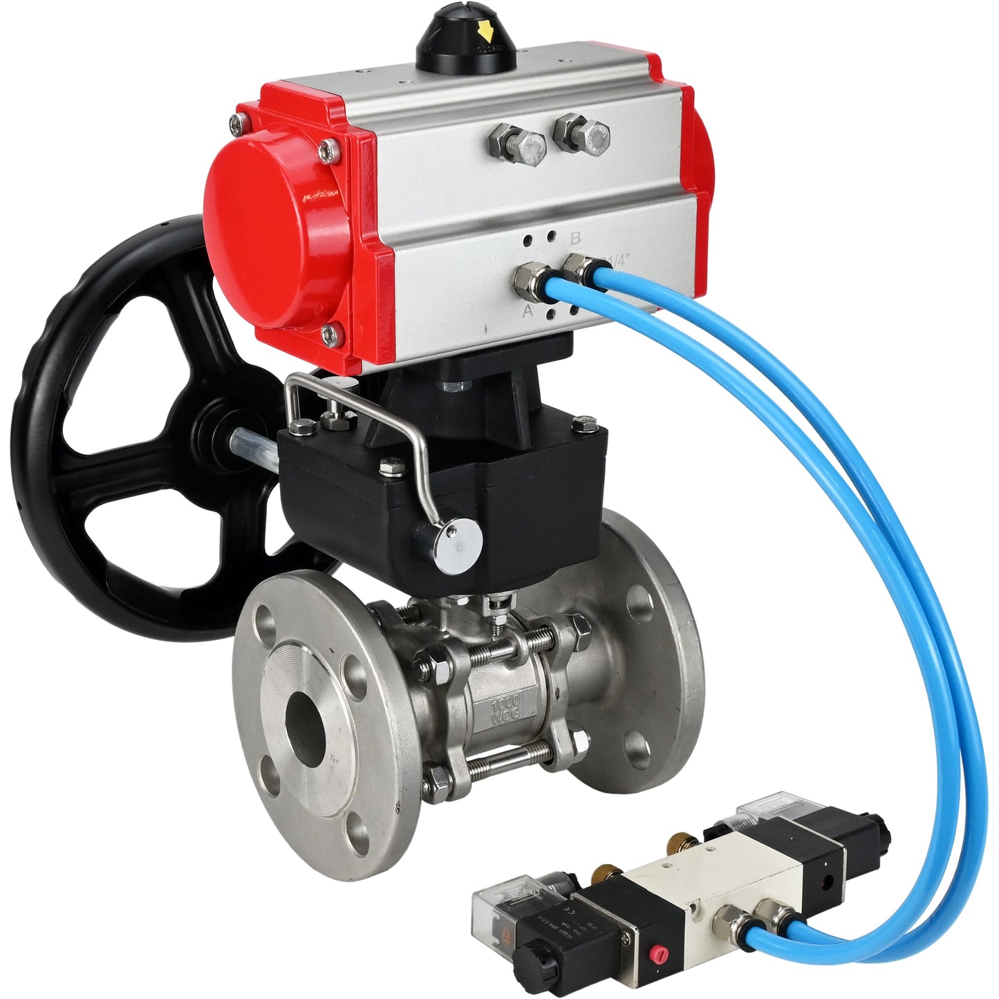 Ball valves DNOVA BV3131P(3pc)-FP-F-ISO-H DN15-40 16 bar, three-piece full bore flanged, stainless steel SS304, seal - PTFE, with double-acting PA-DA pneumatic actuator, with pneumatic distributor 4V320-08 220V, with manual DNbler MON1-250-T26-I