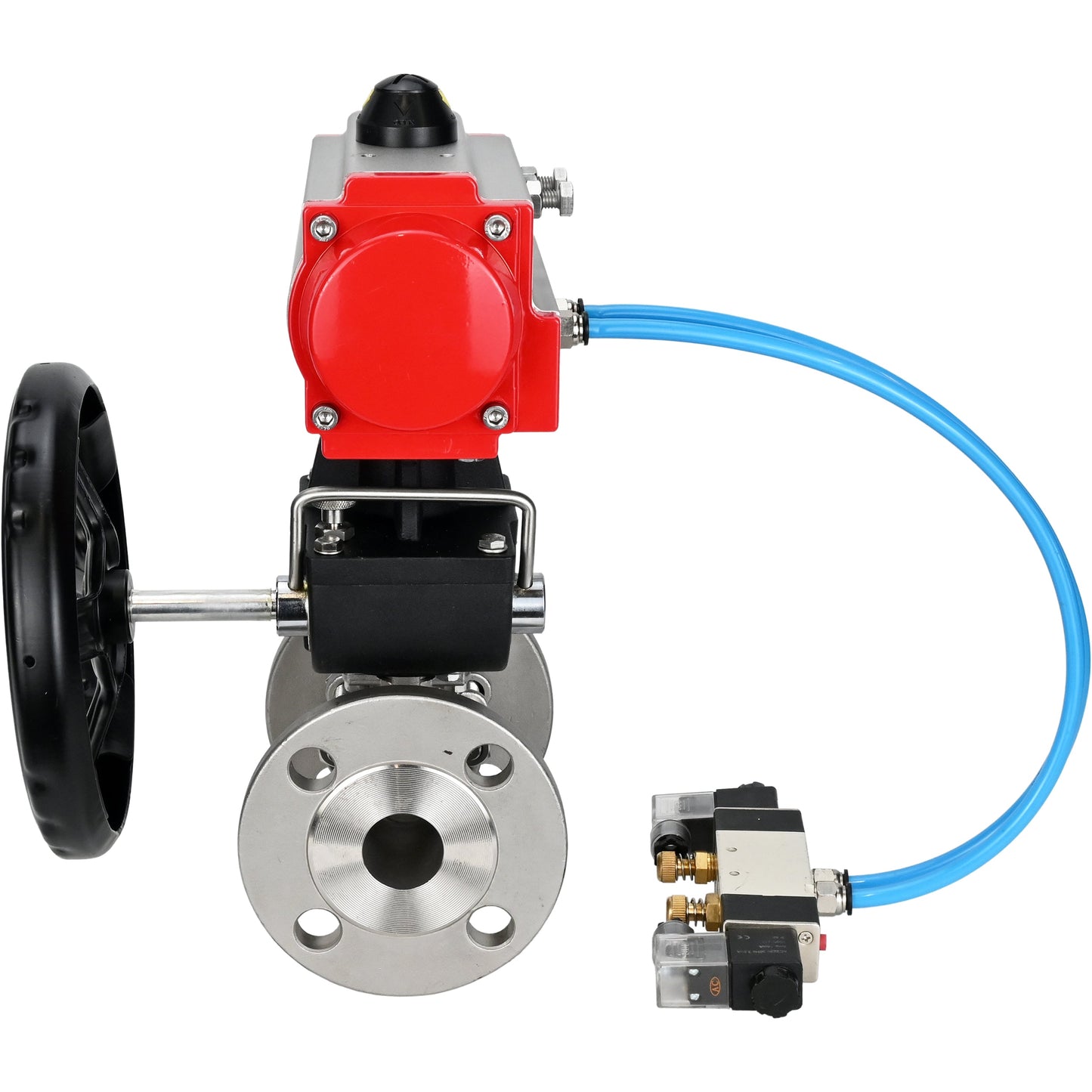 Ball valves DNOVA BV3131P(3pc)-FP-F-ISO-H DN15-40 16 bar, three-piece full bore flanged, stainless steel SS304, seal - PTFE, with double-acting PA-DA pneumatic actuator, with pneumatic distributor 4V320-08 220V, with manual DNbler MON1-250-T26-I