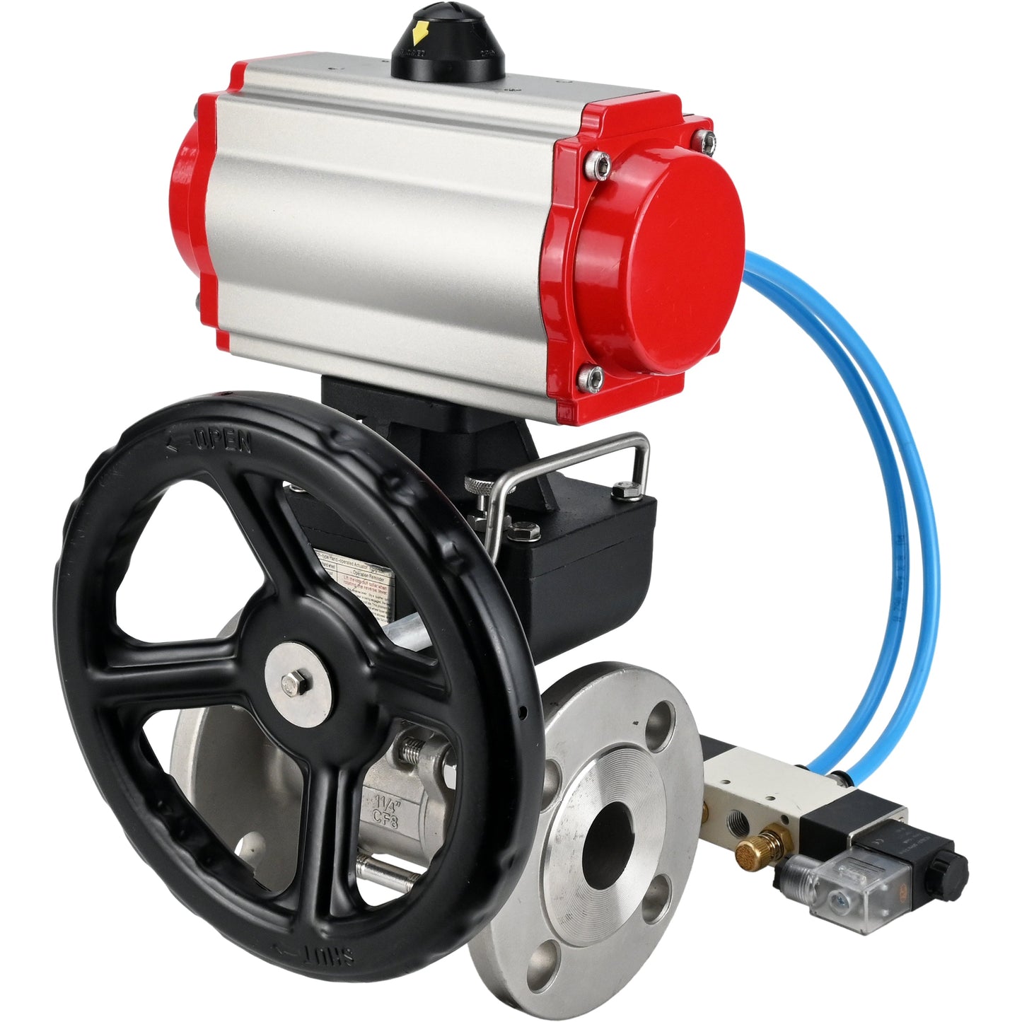 Ball valves DNOVA BV3131P(3pc)-FP-F-ISO-H DN15-40 16 bar, three-piece full bore flanged, stainless steel SS304, seal - PTFE, with double-acting PA-DA pneumatic actuator, with pneumatic distributor 4V320-08 220V, with manual DNbler MON1-250-T26-I