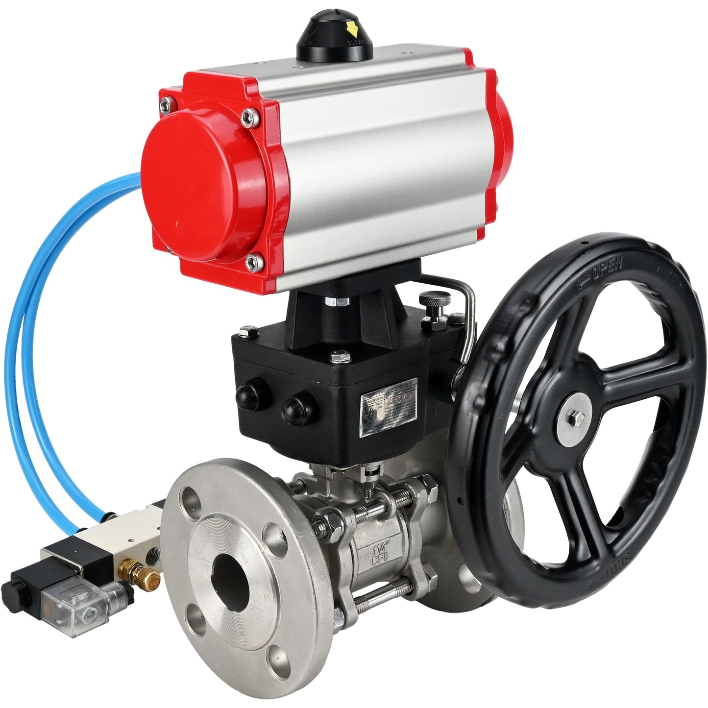 Ball valves DNOVA BV3131P(3pc)-FP-F-ISO-H DN15-40 16 bar, three-piece full bore flanged, stainless steel SS304, seal - PTFE, with double-acting PA-DA pneumatic actuator, with pneumatic distributor 4V320-08 220V, with manual DNbler MON1-250-T26-I