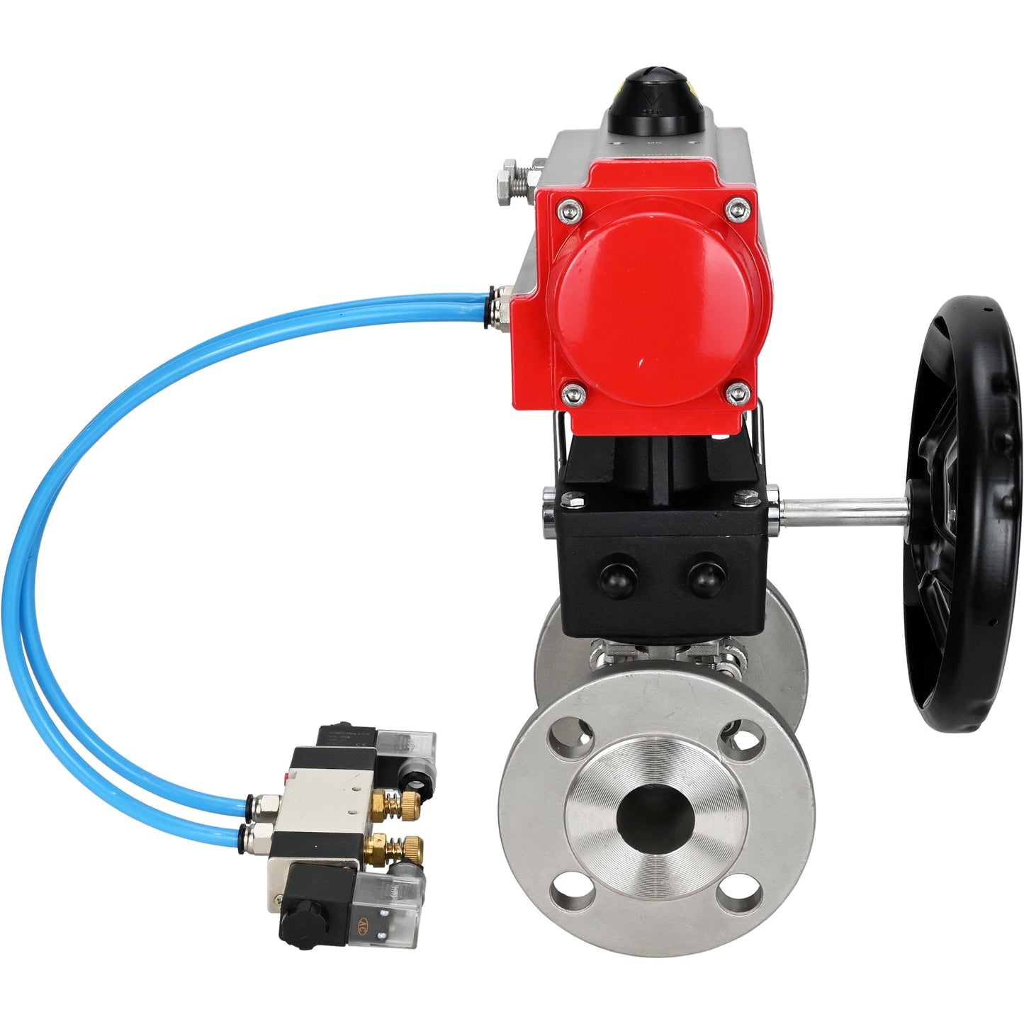 Ball valves DNOVA BV3131P(3pc)-FP-F-ISO-H DN15-40 16 bar, three-piece full bore flanged, stainless steel SS304, seal - PTFE, with double-acting PA-DA pneumatic actuator, with pneumatic distributor 4V320-08 220V, with manual DNbler MON1-250-T26-I