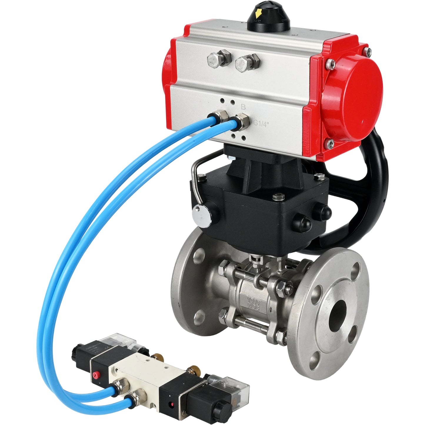Ball valves DNOVA BV3131P(3pc)-FP-F-ISO-H DN15-40 16 bar, three-piece full bore flanged, stainless steel SS304, seal - PTFE, with double-acting PA-DA pneumatic actuator, with pneumatic distributor 4V320-08 220V, with manual DNbler MON1-250-T26-I