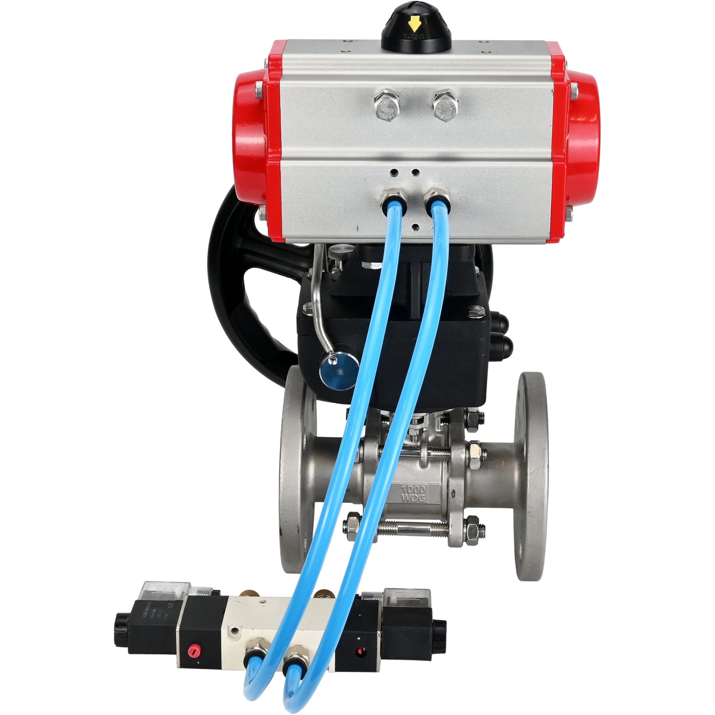 Ball valves DNOVA BV3131P(3pc)-FP-F-ISO-H DN15-40 16 bar, three-piece full bore flanged, stainless steel SS304, seal - PTFE, with double-acting PA-DA pneumatic actuator, with pneumatic distributor 4V320-08 220V, with manual DNbler MON1-250-T26-I