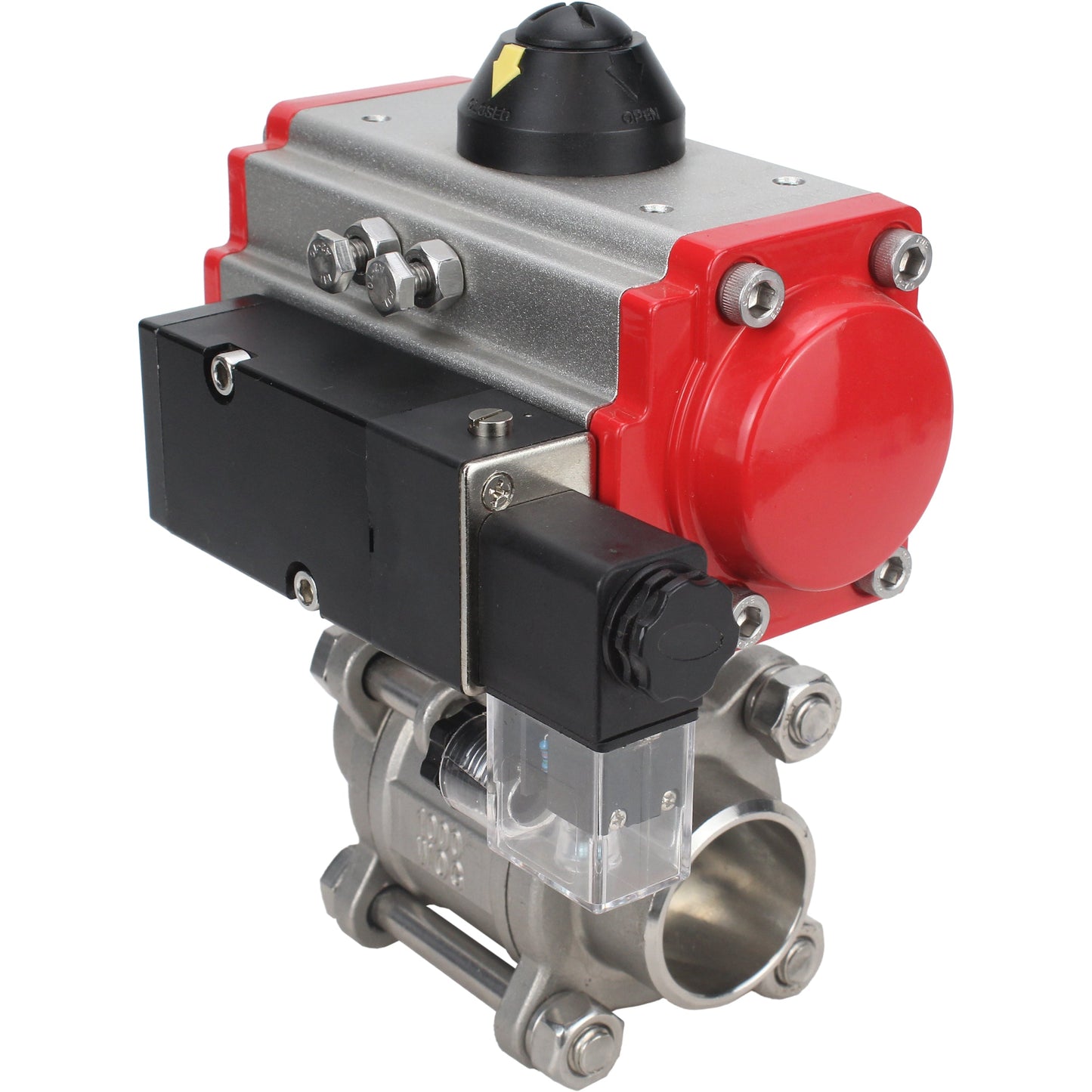 Stainless steel ball valve DNOVA kshpp-316200-sa-4m310-110/220, body material - stainless steel AISI 316, ball material - stainless steel AISI 316, seal - PTFE, pneumatic actuator operated