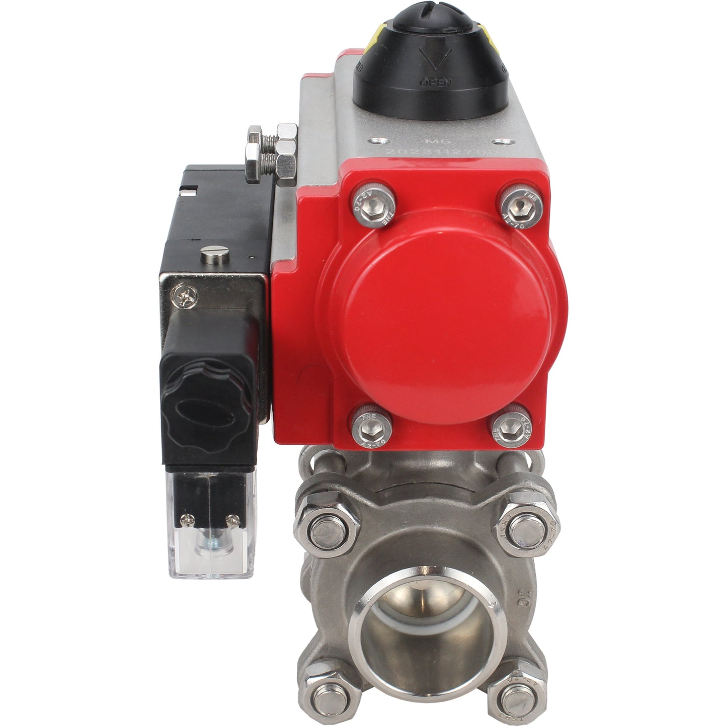 Stainless steel ball valve DNOVA kshpp-316200-sa-4m310-110/220, body material - stainless steel AISI 316, ball material - stainless steel AISI 316, seal - PTFE, pneumatic actuator operated
