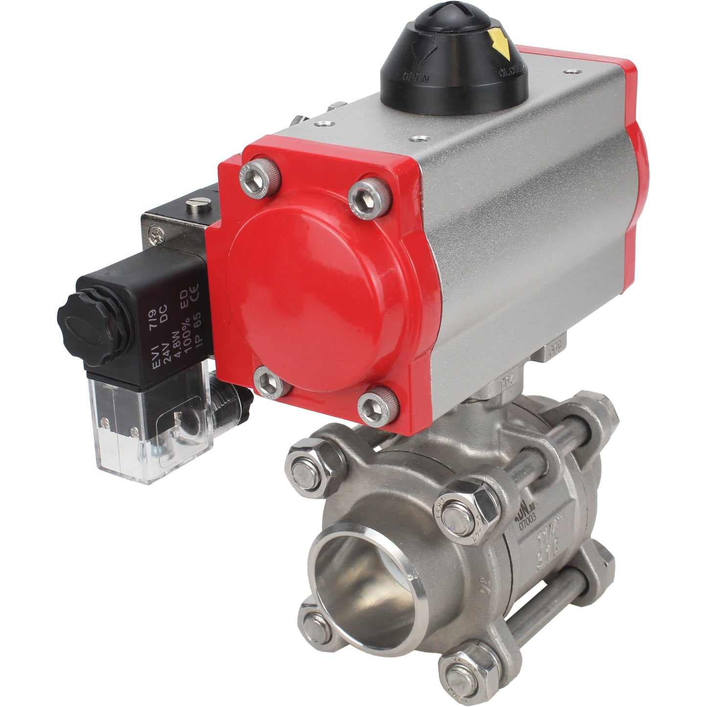 Stainless steel ball valve DNOVA kshpp-316200-sa-4m310-24, body material - stainless steel AISI 316, ball material - stainless steel AISI 316, seal - PTFE, pneumatic actuator operated