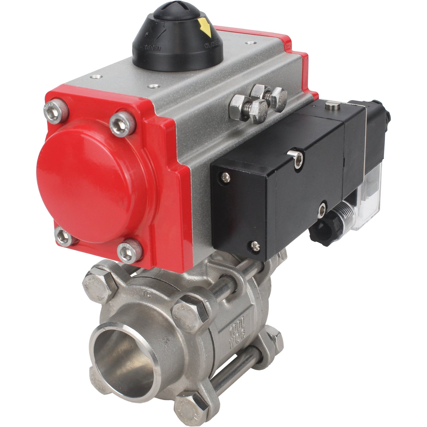 Stainless steel ball valve DNOVA kshpp-316200-sa-4m310-110/220, body material - stainless steel AISI 316, ball material - stainless steel AISI 316, seal - PTFE, pneumatic actuator operated