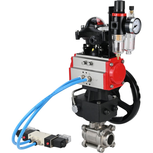 Ball valves DNOVA BV3232P(3pc)-FP-W-ISO-H,  body material - Stainless steel AISI 316, seal - PTFE / PTFE / Teflon, with pneumatic actuator double action PA-DA, 4V320-10 220V, LSU APL-210N, handwheel MON, ATU AFC2000