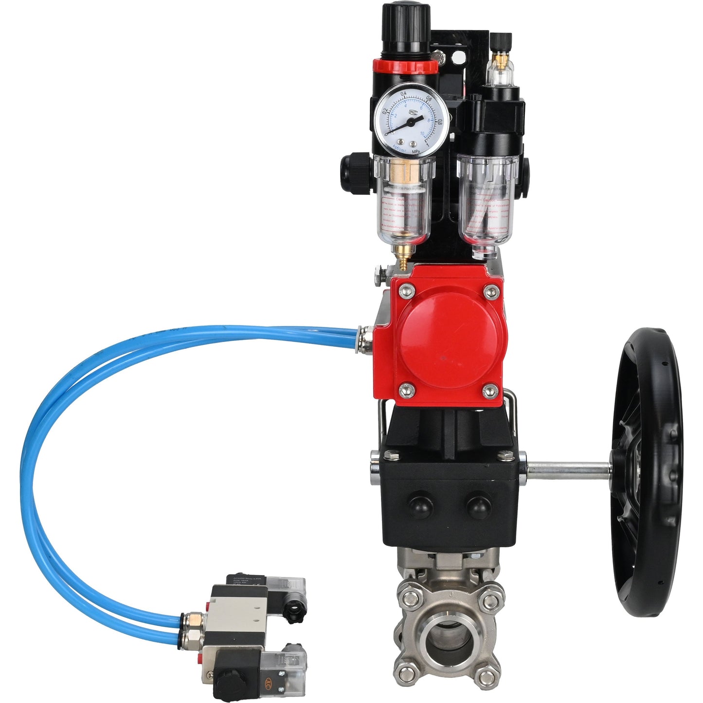 Ball valves DNOVA BV3232P(3pc)-FP-W-ISO-H, body material - Stainless steel AISI 316, seal - PTFE / PTFE / Teflon, with pneumatic actuator double action PA-DA, 4V320-10 220V, LSU APL-210N, handwheel MON, ATU AFC2000