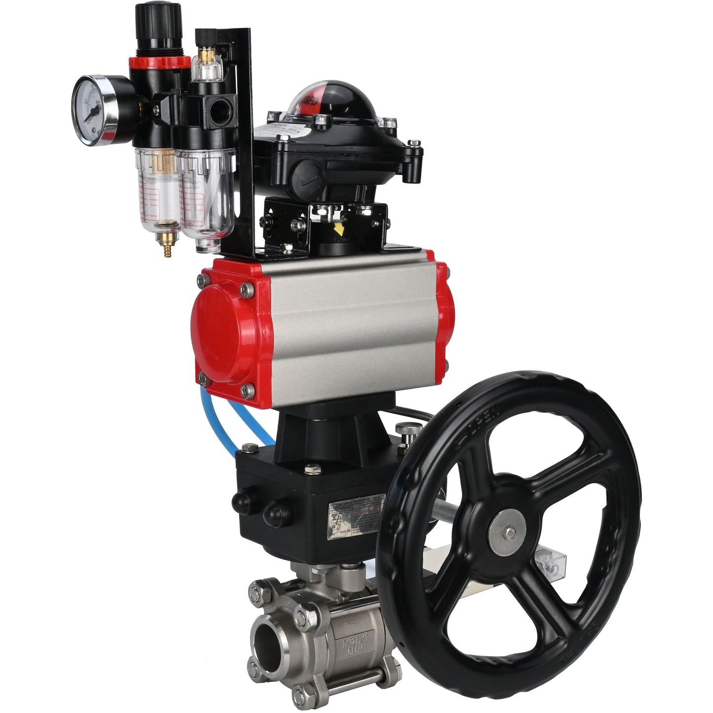 Ball valves DNOVA BV3232P(3pc)-FP-W-ISO-H, body material - Stainless steel AISI 316, seal - PTFE / PTFE / Teflon, with pneumatic actuator double action PA-DA, 4V320-10 220V, LSU APL-210N, handwheel MON, ATU AFC2000