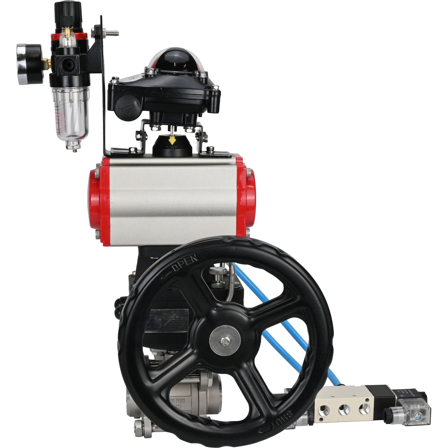 Ball valves DNOVA BV3232P(3pc)-FP-W-ISO-H, body material - Stainless steel AISI 316, seal - PTFE / PTFE / Teflon, with pneumatic actuator double action PA-DA, 4V320-10 220V, LSU APL-210N, handwheel MON, ATU AFC2000