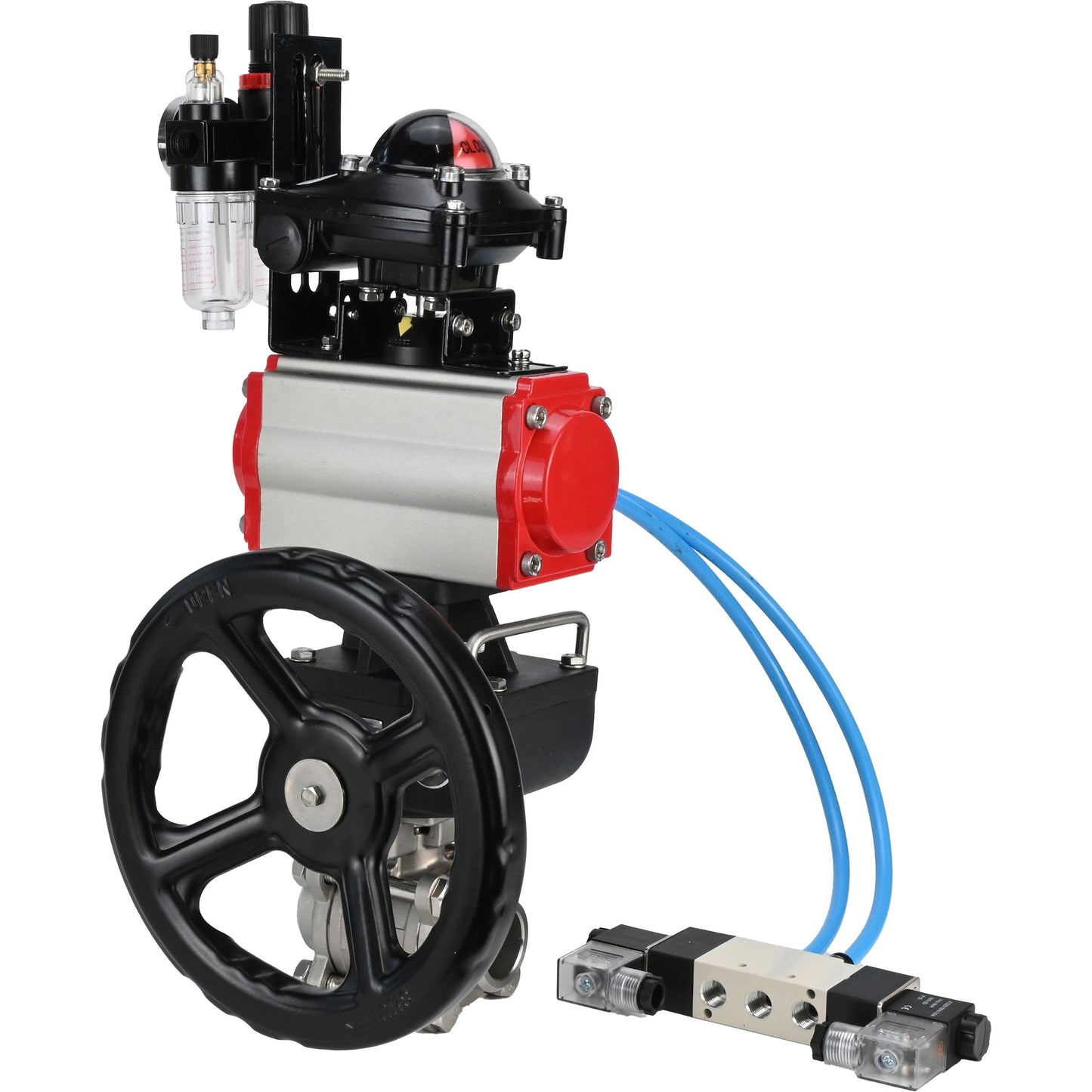 Ball valves DNOVA BV3232P(3pc)-FP-W-ISO-H, body material - Stainless steel AISI 316, seal - PTFE / PTFE / Teflon, with pneumatic actuator double action PA-DA, 4V320-10 220V, LSU APL-210N, handwheel MON, ATU AFC2000