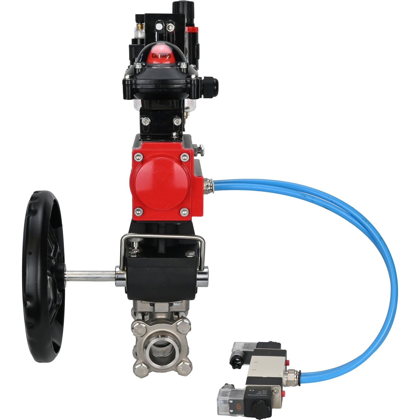 Ball valves DNOVA BV3232P(3pc)-FP-W-ISO-H, body material - Stainless steel AISI 316, seal - PTFE / PTFE / Teflon, with pneumatic actuator double action PA-DA, 4V320-10 220V, LSU APL-210N, handwheel MON, ATU AFC2000