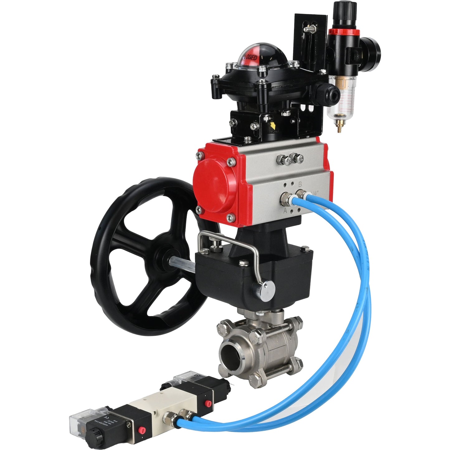 Ball valves DNOVA BV3232P(3pc)-FP-W-ISO-H, body material - Stainless steel AISI 316, seal - PTFE / PTFE / Teflon, with pneumatic actuator double action PA-DA, 4V320-10 220V, LSU APL-210N, handwheel MON, ATU AFC2000