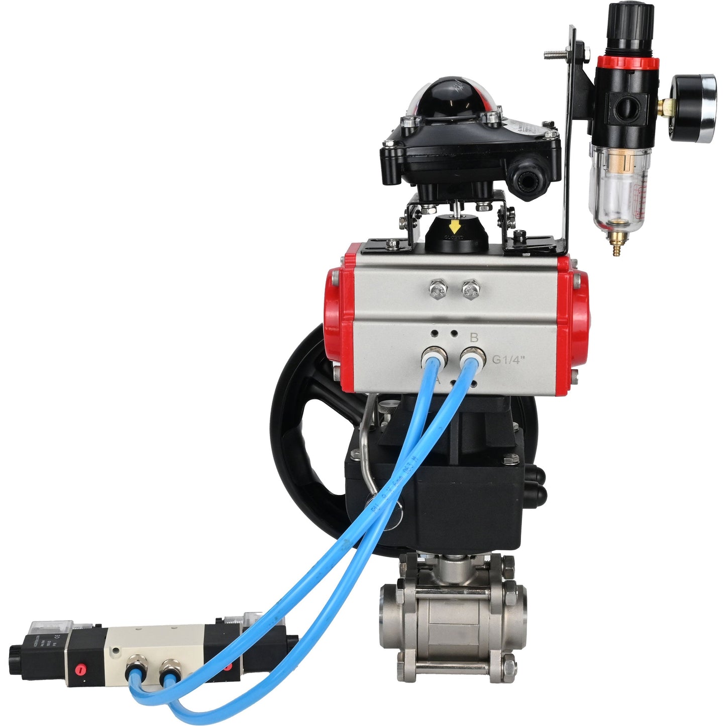 Ball valves DNOVA BV3232P(3pc)-FP-W-ISO-H, body material - Stainless steel AISI 316, seal - PTFE / PTFE / Teflon, with pneumatic actuator double action PA-DA, 4V320-10 220V, LSU APL-210N, handwheel MON, ATU AFC2000