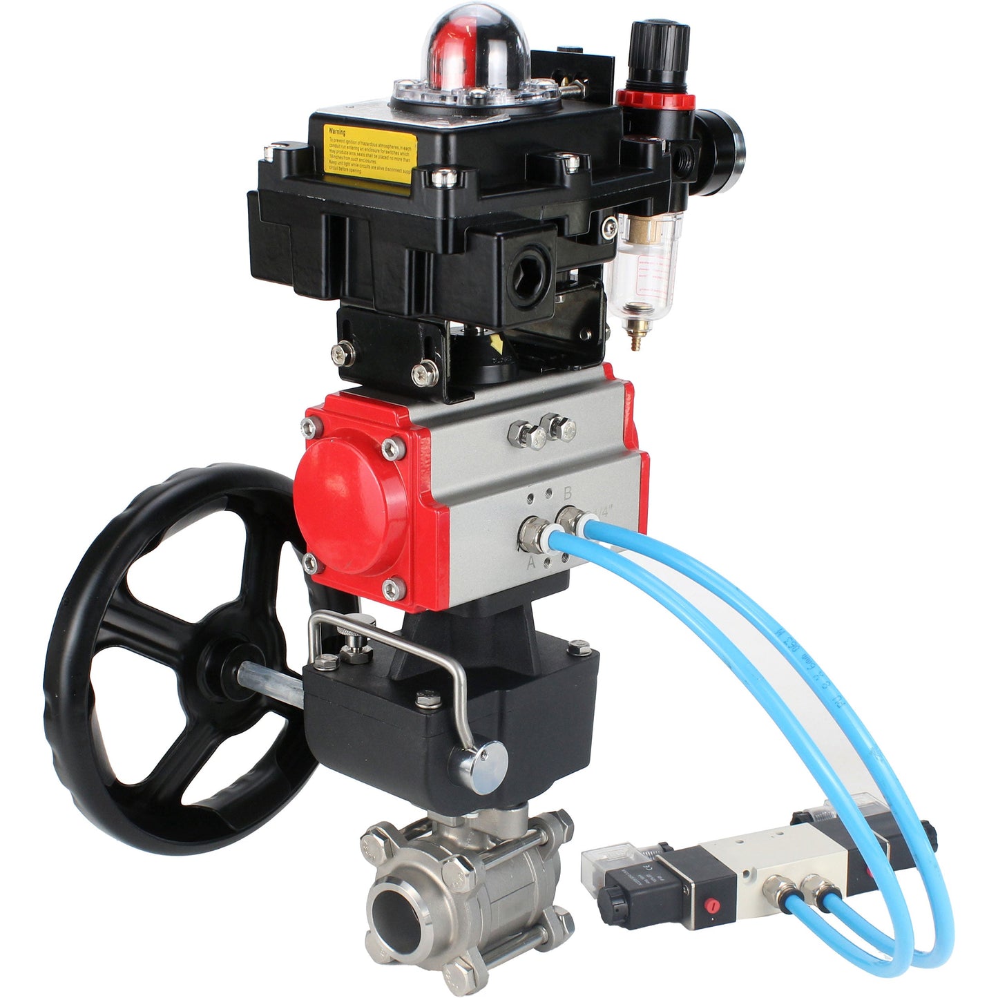 Ball valves DNOVA BV3232P(3pc)-FP-W-ISO-H, body material - Stainless steel AISI 316, seal - PTFE / PTFE / Teflon, with pneumatic actuator double action PA-DA, 4V320-10 220V, LSU APL-410N Ex, handwheel MON, ATU AFC2000
