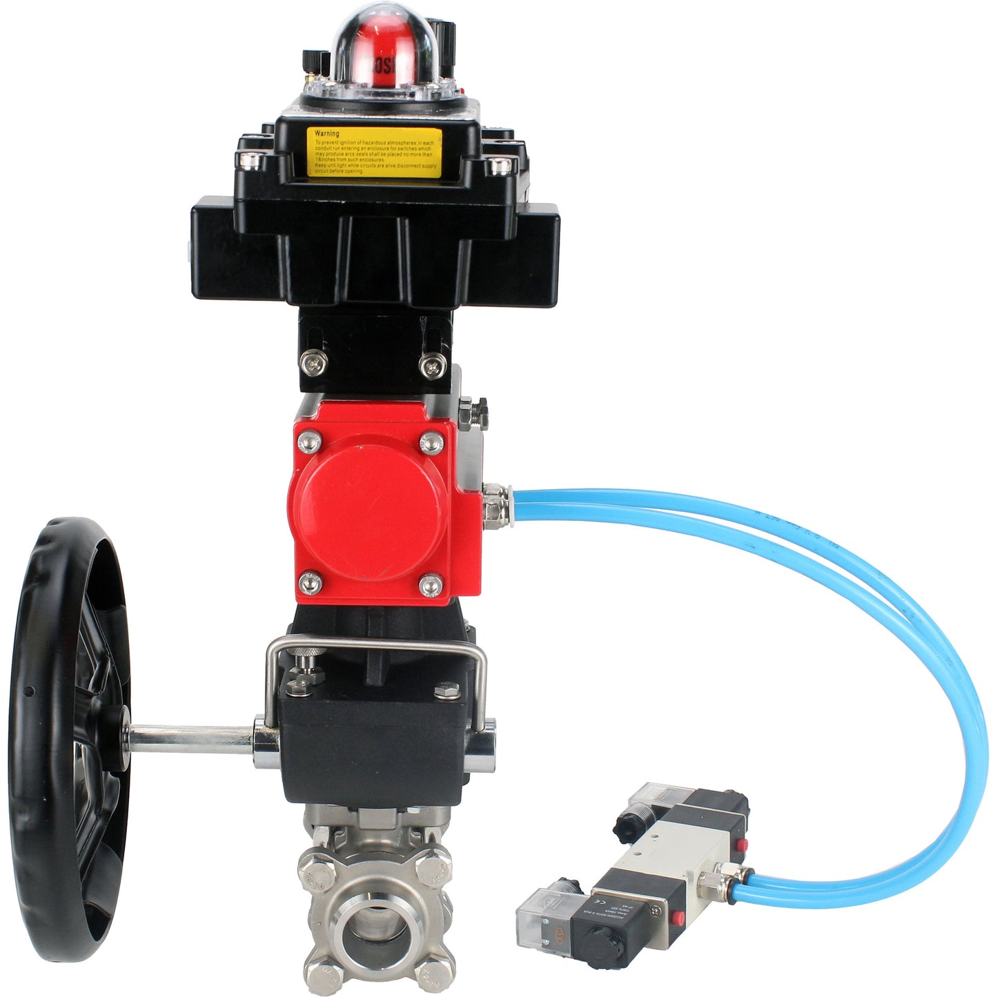 Ball valves DNOVA BV3232P(3pc)-FP-W-ISO-H, body material - Stainless steel AISI 316, seal - PTFE / PTFE / Teflon, with pneumatic actuator double action PA-DA, 4V320-10 220V, LSU APL-410N Ex, handwheel MON, ATU AFC2000