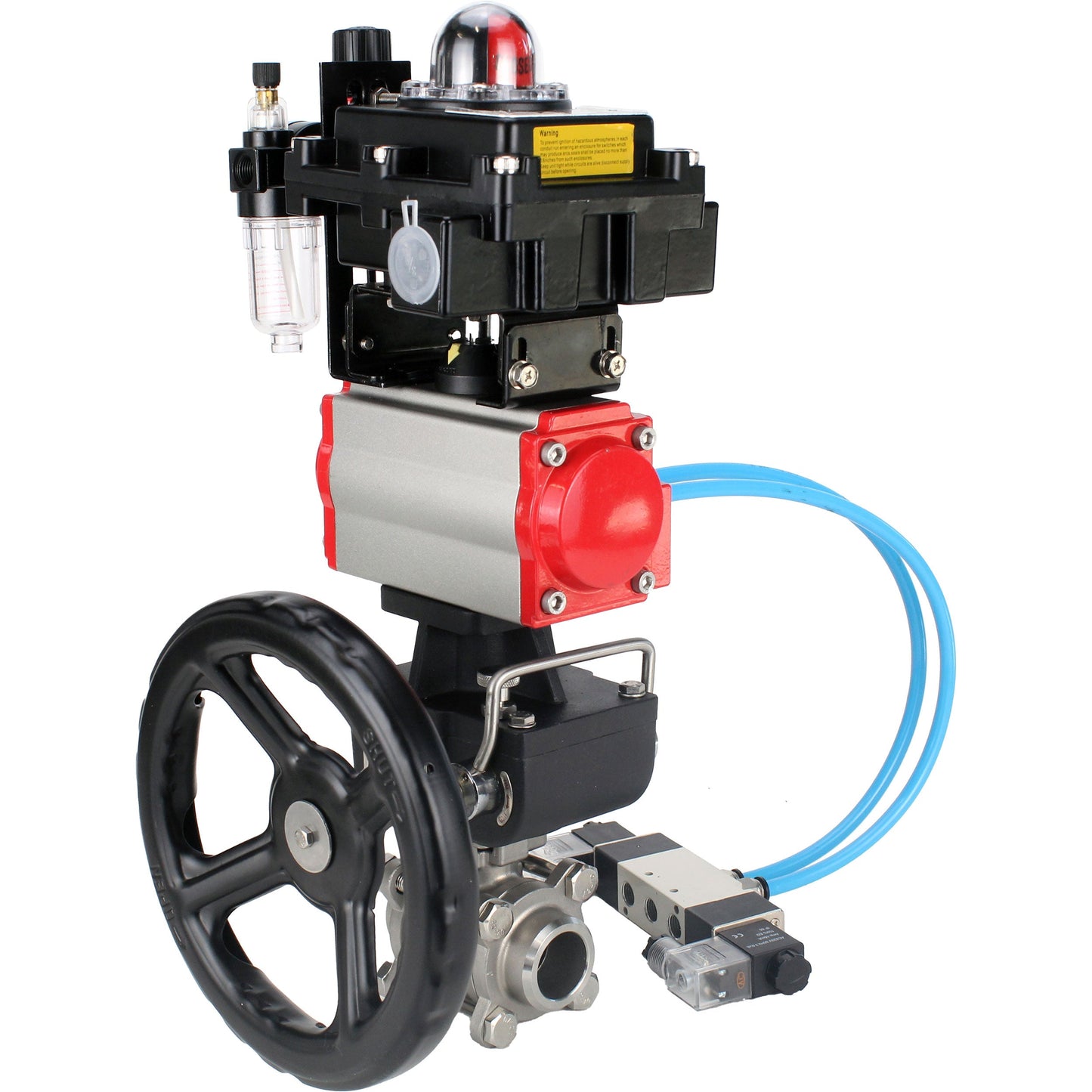 Ball valves DNOVA BV3232P(3pc)-FP-W-ISO-H, body material - Stainless steel AISI 316, seal - PTFE / PTFE / Teflon, with pneumatic actuator double action PA-DA, 4V320-10 220V, LSU APL-410N Ex, handwheel MON, ATU AFC2000