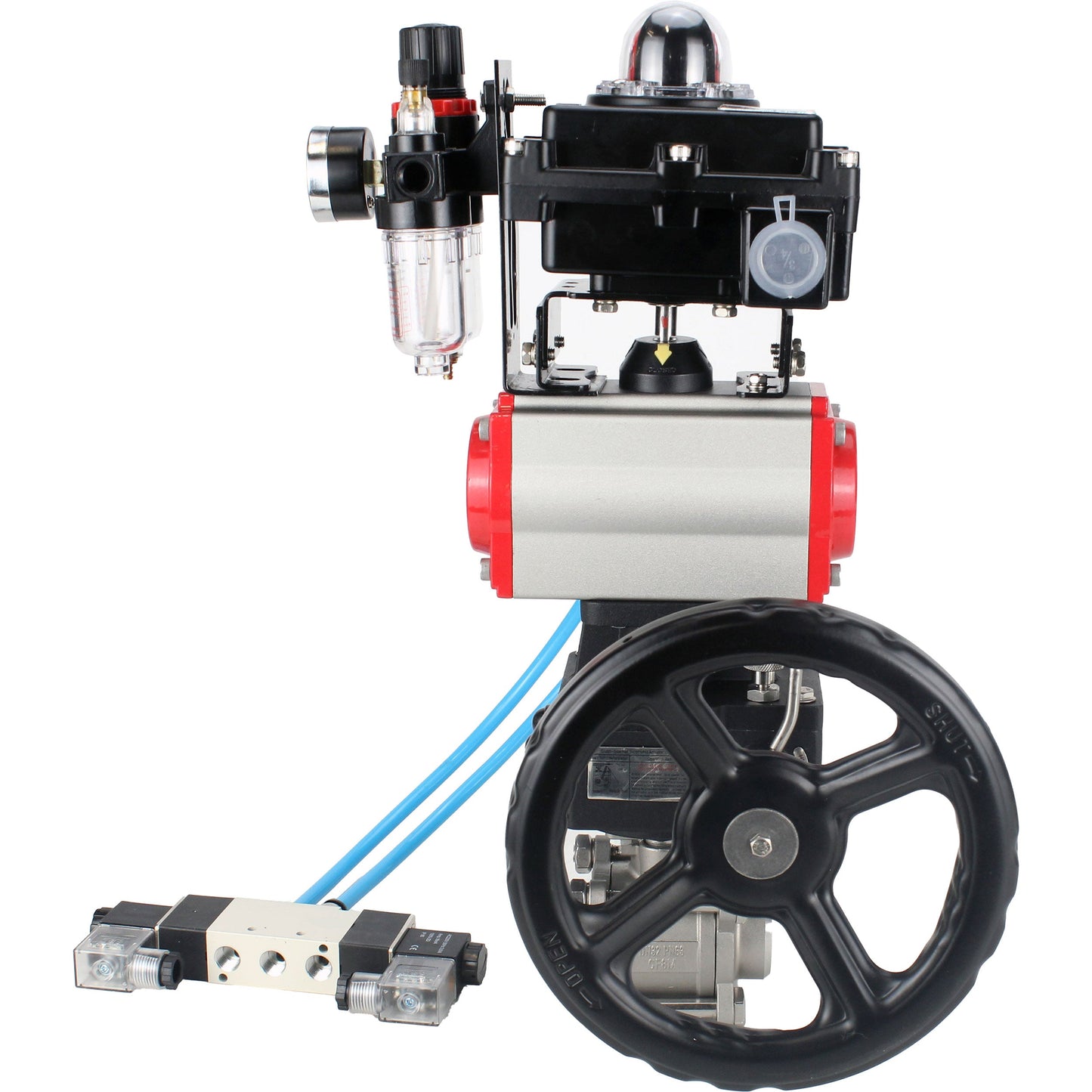 Ball valves DNOVA BV3232P(3pc)-FP-W-ISO-H, body material - Stainless steel AISI 316, seal - PTFE / PTFE / Teflon, with pneumatic actuator double action PA-DA, 4V320-10 220V, LSU APL-410N Ex, handwheel MON, ATU AFC2000