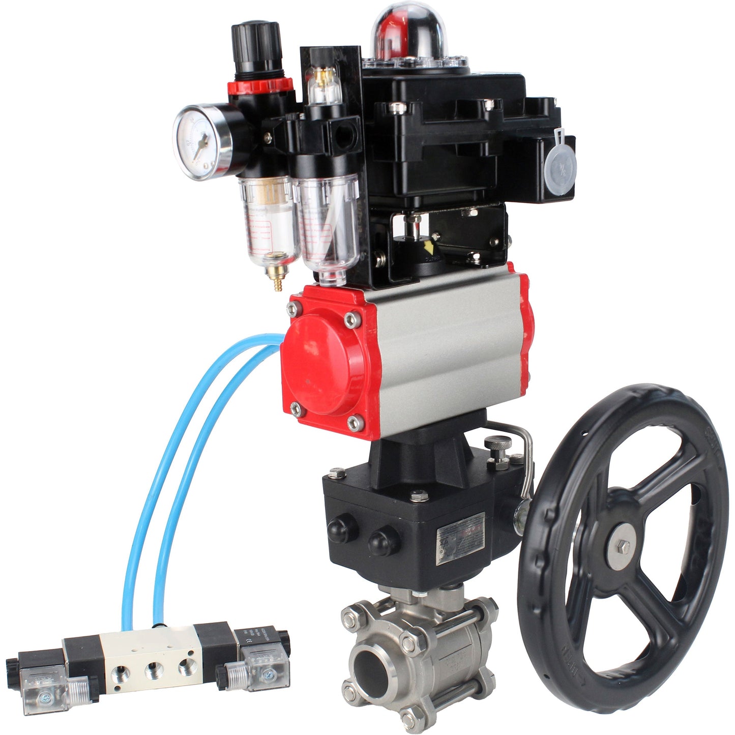 Ball valves DNOVA BV3232P(3pc)-FP-W-ISO-H, body material - Stainless steel AISI 316, seal - PTFE / PTFE / Teflon, with pneumatic actuator double action PA-DA, 4V320-10 220V, LSU APL-410N Ex, handwheel MON, ATU AFC2000