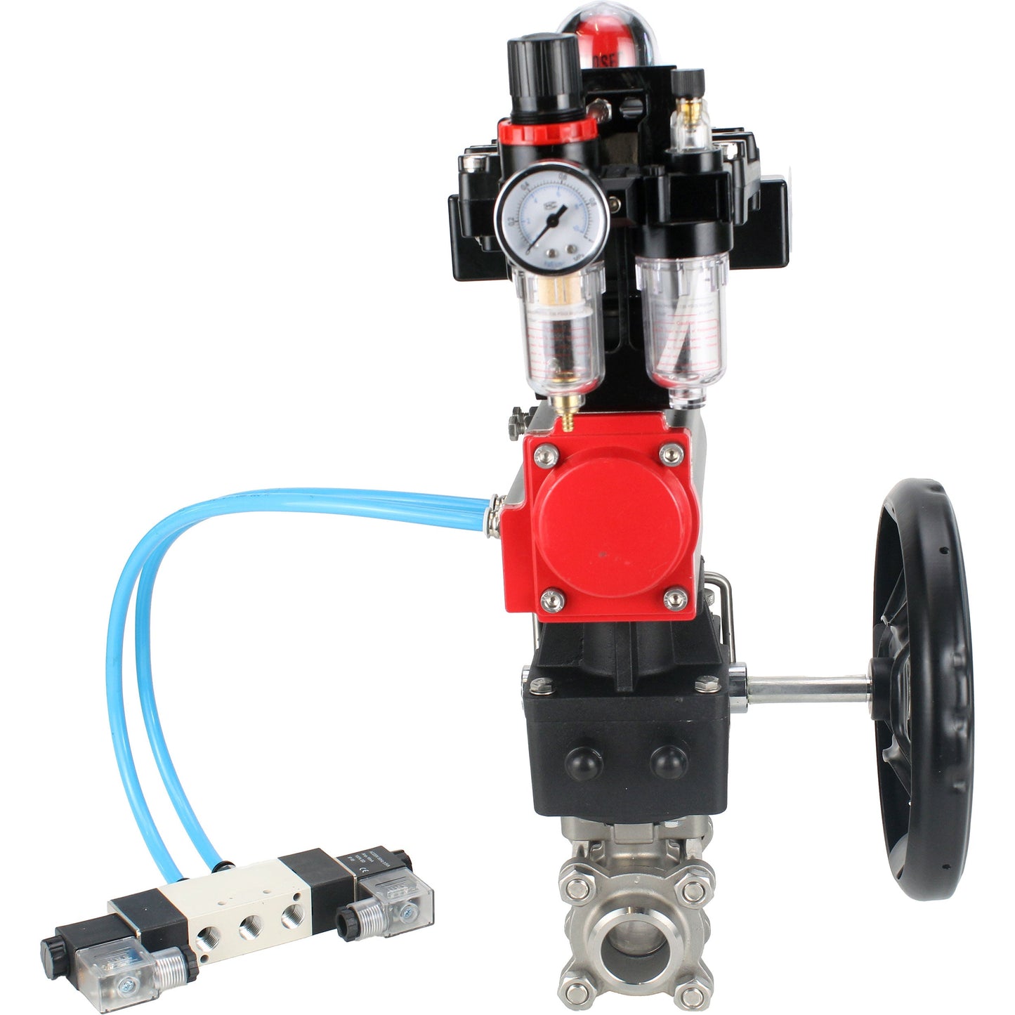 Ball valves DNOVA BV3232P(3pc)-FP-W-ISO-H, body material - Stainless steel AISI 316, seal - PTFE / PTFE / Teflon, with pneumatic actuator double action PA-DA, 4V320-10 220V, LSU APL-410N Ex, handwheel MON, ATU AFC2000