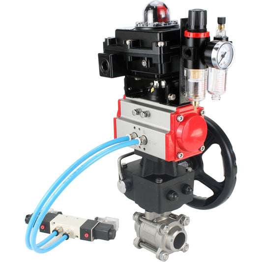 Ball valves DNOVA BV3232P(3pc)-FP-W-ISO-H,  body material - Stainless steel AISI 316, seal - PTFE / PTFE / Teflon, with pneumatic actuator double action PA-DA, 4V320-10 220V, LSU APL-410N Ex, handwheel MON, ATU AFC2000