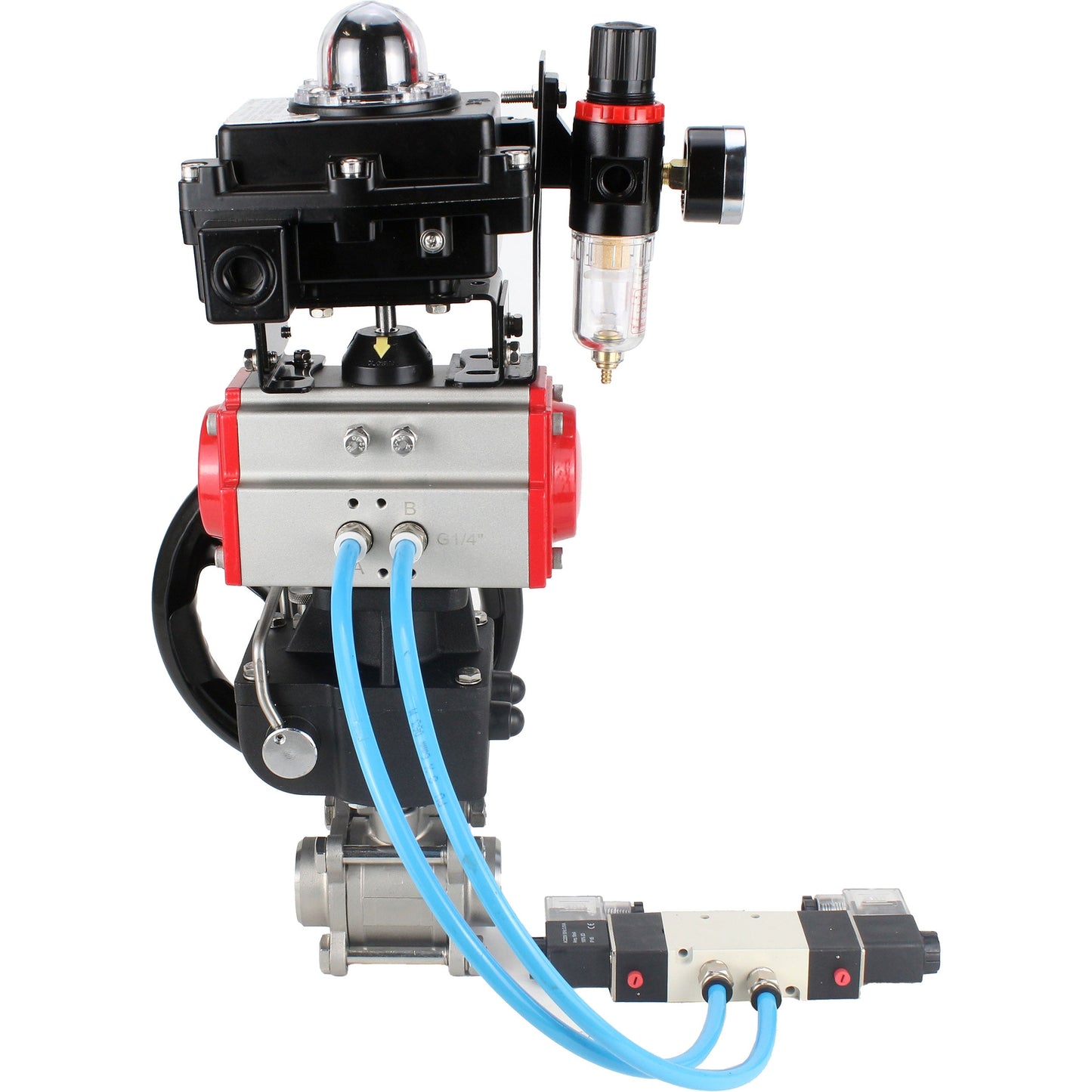 Ball valves DNOVA BV3232P(3pc)-FP-W-ISO-H, body material - Stainless steel AISI 316, seal - PTFE / PTFE / Teflon, with pneumatic actuator double action PA-DA, 4V320-10 220V, LSU APL-410N Ex, handwheel MON, ATU AFC2000