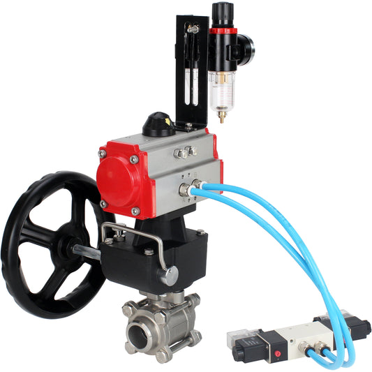 Ball valves DNOVA BV3232P(3pc)-FP-W-ISO-H DN10-50 16 bar/40, full bore for welding, stainless steel SS316, seal - PTFE, with double-acting PA-DA pneumatic actuator, with pneumatic distributor 4V320-08 220V, with manual Doubler MON1-250-T26-ISO, with po