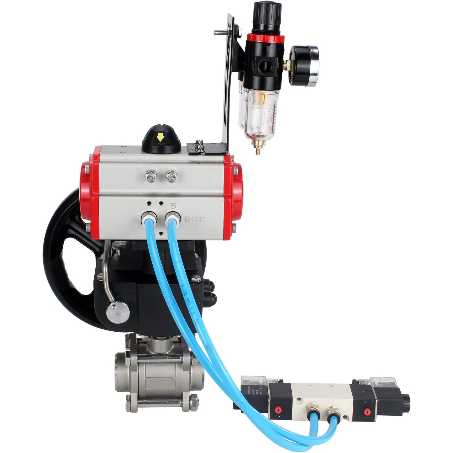 Ball valves DNOVA BV3232P(3pc)-FP-W-ISO-H DN10-50 16 bar/40, full bore for welding, stainless steel SS316, seal - PTFE, with double-acting PA-DA pneumatic actuator, with pneumatic distributor 4V320-08 220V, with manual Doubler MON1-250-T26-ISO, with po