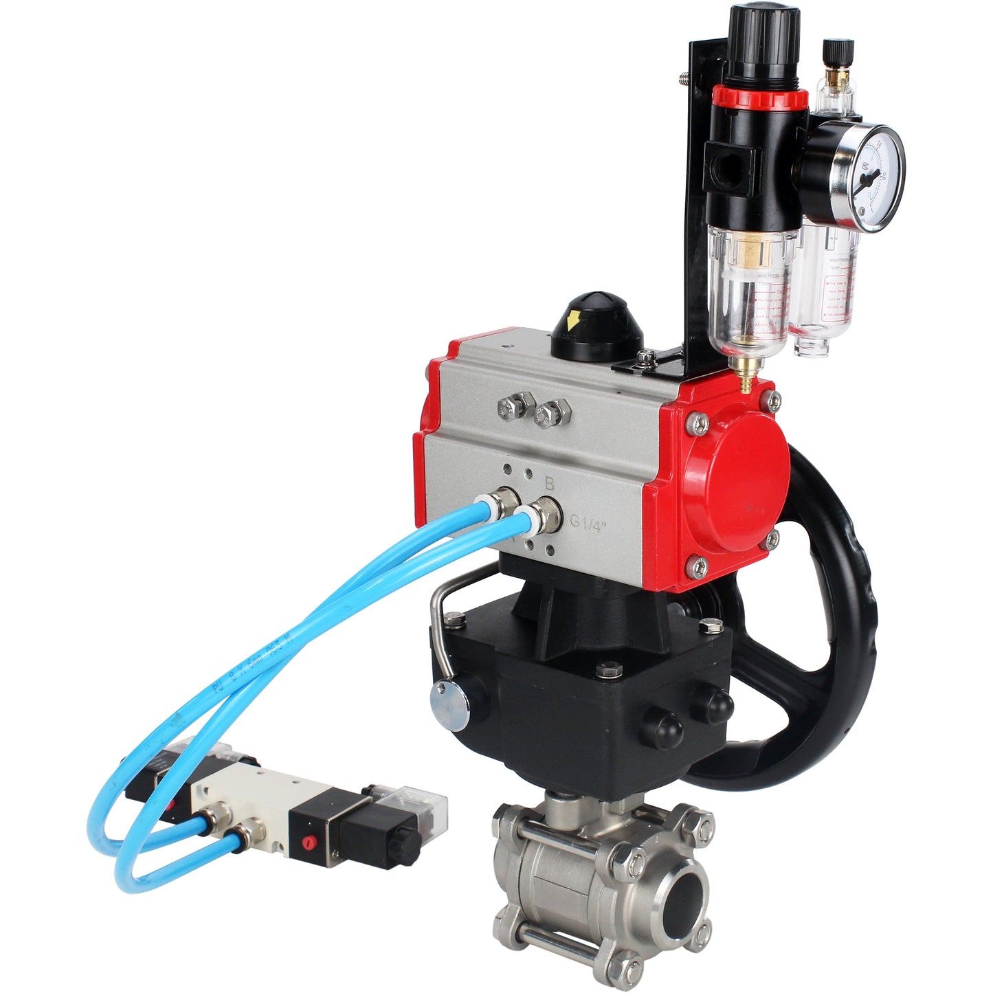 Ball valves DNOVA BV3232P(3pc)-FP-W-ISO-H DN10-50 16 bar/40, full bore for welding, stainless steel SS316, seal - PTFE, with double-acting PA-DA pneumatic actuator, with pneumatic distributor 4V320-08 220V, with manual Doubler MON1-250-T26-ISO, with po