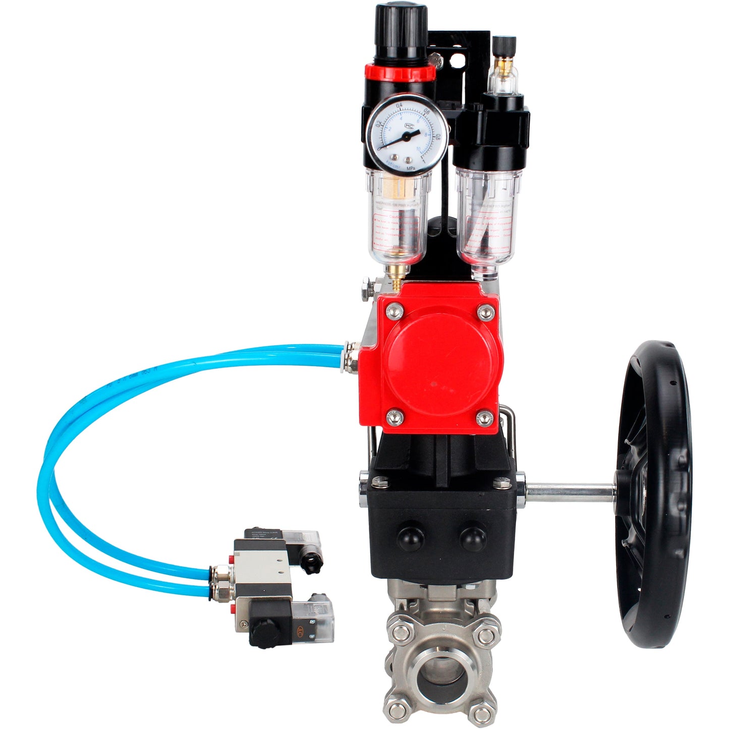 Ball valves DNOVA BV3232P(3pc)-FP-W-ISO-H DN10-50 16 bar/40, full bore for welding, stainless steel SS316, seal - PTFE, with double-acting PA-DA pneumatic actuator, with pneumatic distributor 4V320-08 220V, with manual Doubler MON1-250-T26-ISO, with po