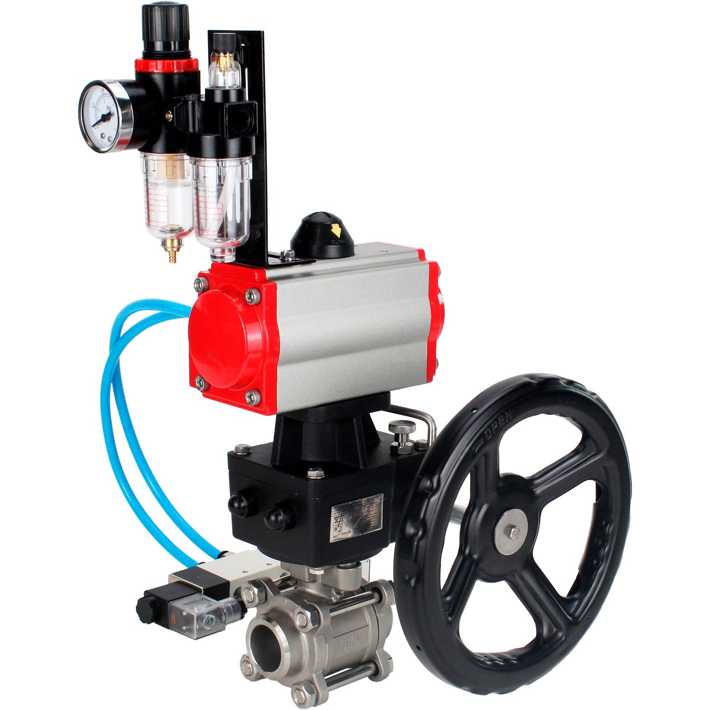 Ball valves DNOVA BV3232P(3pc)-FP-W-ISO-H DN10-50 16 bar/40, full bore for welding, stainless steel SS316, seal - PTFE, with double-acting PA-DA pneumatic actuator, with pneumatic distributor 4V320-08 220V, with manual Doubler MON1-250-T26-ISO, with po