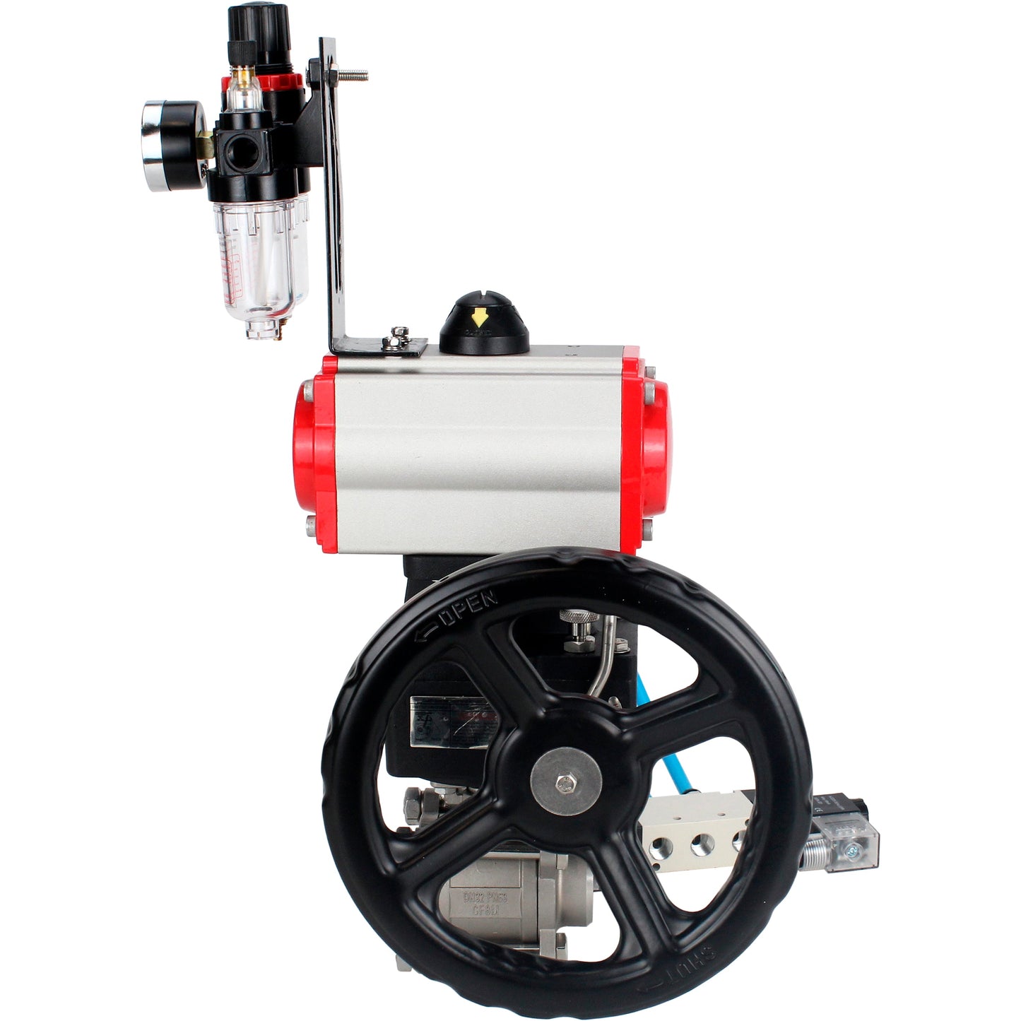 Ball valves DNOVA BV3232P(3pc)-FP-W-ISO-H DN10-50 16 bar/40, full bore for welding, stainless steel SS316, seal - PTFE, with double-acting PA-DA pneumatic actuator, with pneumatic distributor 4V320-08 220V, with manual Doubler MON1-250-T26-ISO, with po