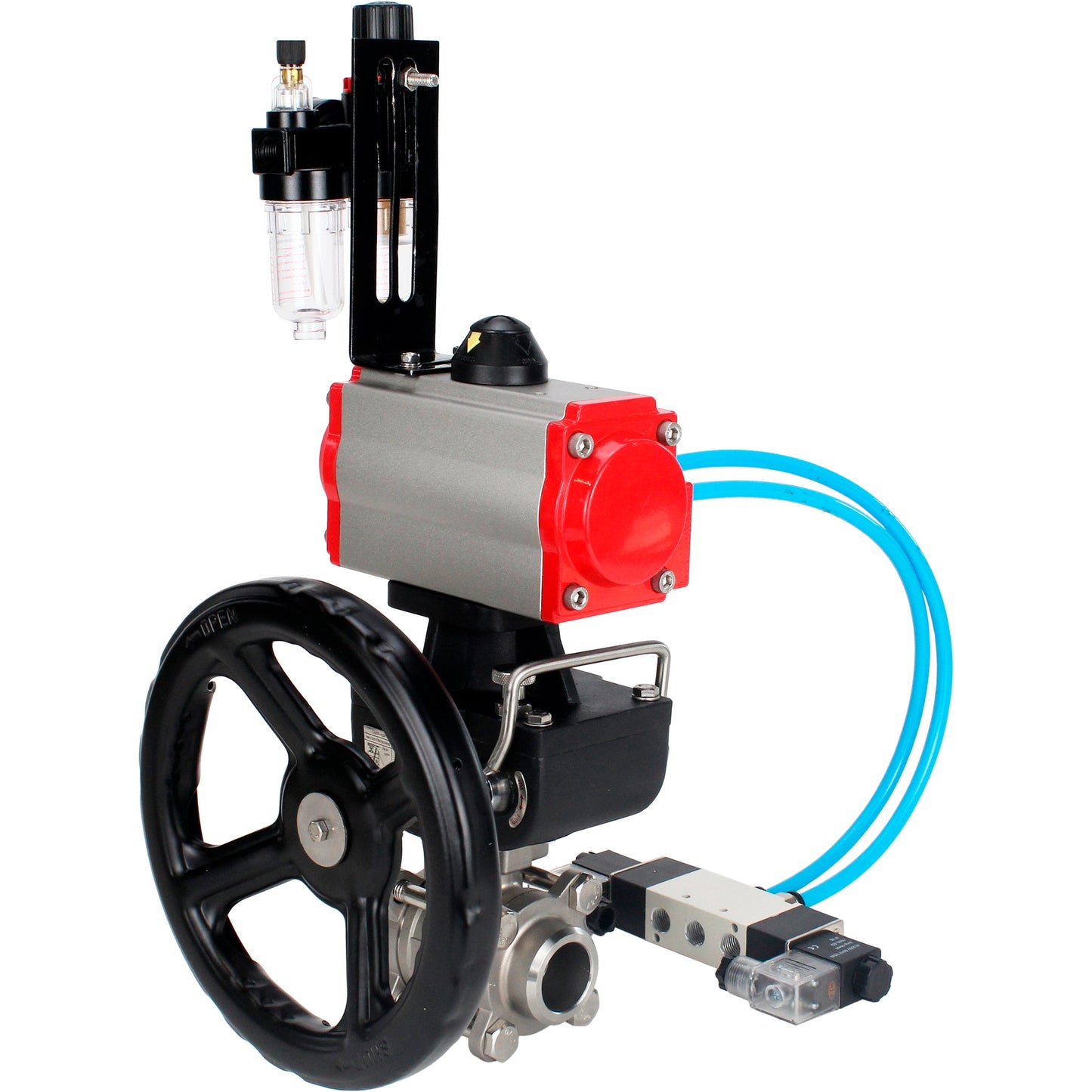 Ball valves DNOVA BV3232P(3pc)-FP-W-ISO-H DN10-50 16 bar/40, full bore for welding, stainless steel SS316, seal - PTFE, with double-acting PA-DA pneumatic actuator, with pneumatic distributor 4V320-08 220V, with manual Doubler MON1-250-T26-ISO, with po