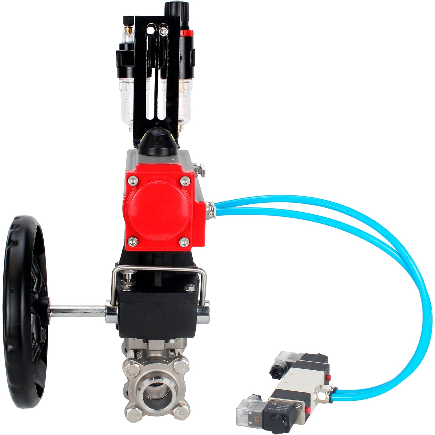 Ball valves DNOVA BV3232P(3pc)-FP-W-ISO-H DN10-50 16 bar/40, full bore for welding, stainless steel SS316, seal - PTFE, with double-acting PA-DA pneumatic actuator, with pneumatic distributor 4V320-08 220V, with manual Doubler MON1-250-T26-ISO, with po