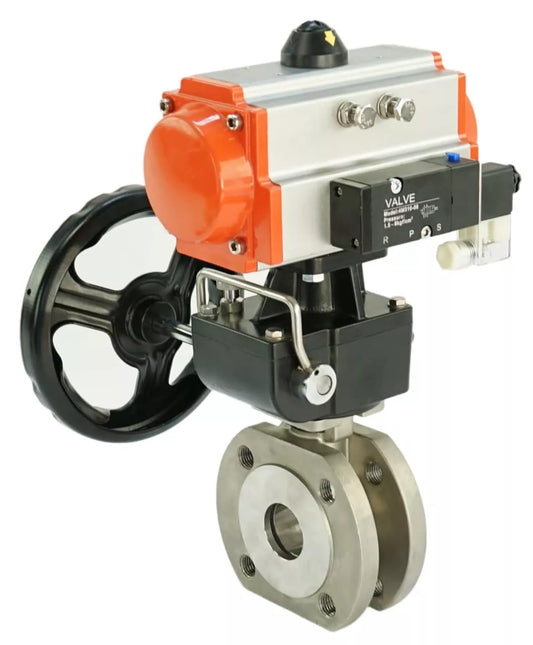 Ball valves DNOVA BV3232P-FP-Fb-ISO-H, full bore wafer, stainless steel SS316, seal - PTFE, with double-acting pneumatic actuator PA-DA, with pneumatic distributor 4V320-08 220V, with manual override MON