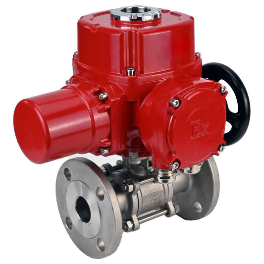 Stainless steel ball valve DNOVA BVFPT.304.180 three-part, body material - stainless steel SS304, seal - PTFE, flanged, full port, quarter-turn electric actuator DNOVA QT-W (M) EX 220 V