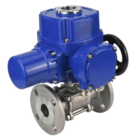 Stainless steel ball valve DNOVA BVFPT.304.180 three-part, body material - stainless steel SS304, seal - PTFE, flanged, full port, quarter-turn electric actuator DNOVA QT-W (M) 380 V